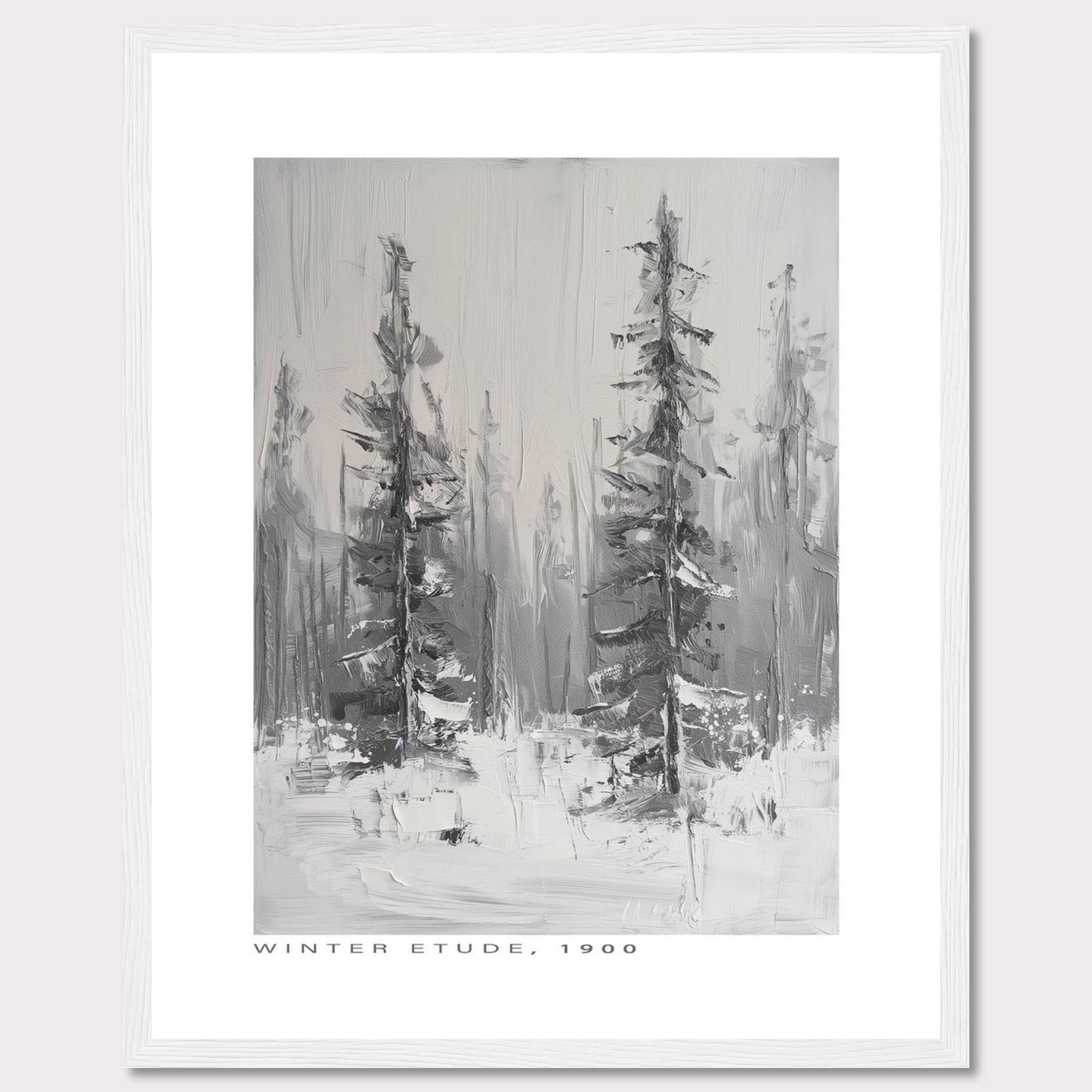 This image showcases a framed painting titled "Winter Etude, 1900". The artwork depicts a serene winter landscape with two prominent trees standing tall amidst a snowy backdrop. The painting is done in grayscale, emphasizing the cold and tranquil atmosphere of winter.