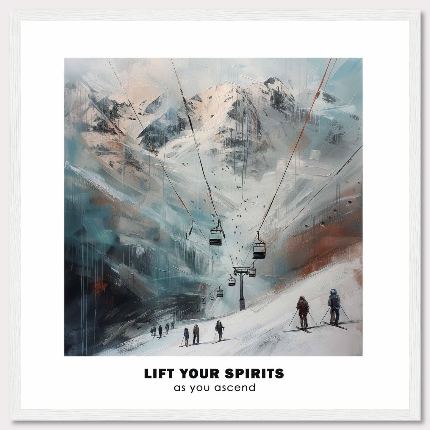 This image showcases a serene mountain landscape with ski lifts ascending towards snowy peaks. The scene features skiers at the base, ready to embark on their journey up the slopes.