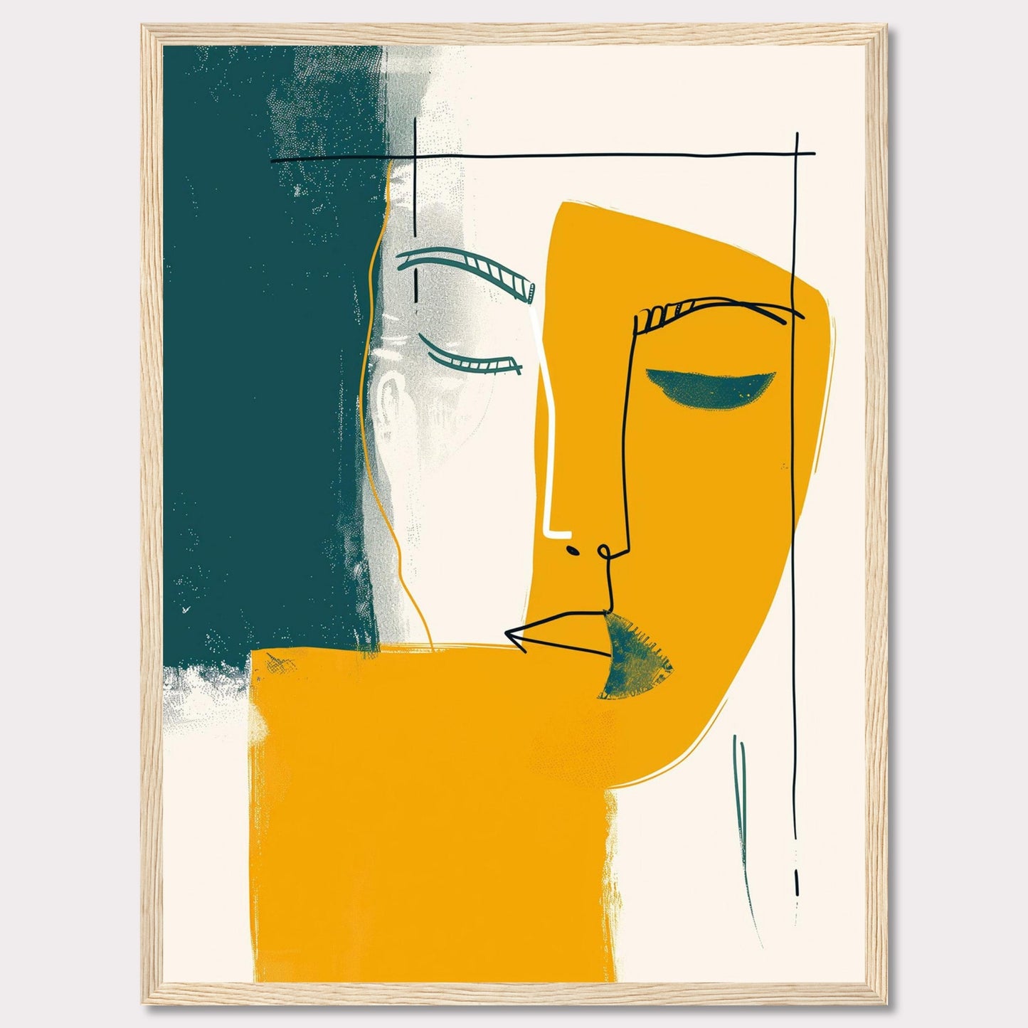 This captivating abstract art piece features a minimalist line drawing of a face, blending bold colors and simple shapes to create a striking visual impact. The artwork combines teal, mustard yellow, and white, with a black frame adding a touch of sophistication.