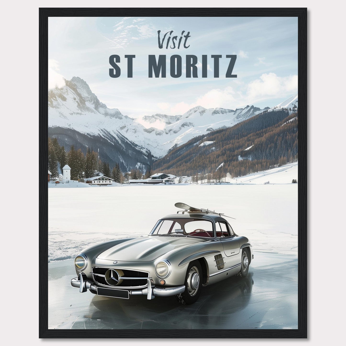 Discover the breathtaking beauty of St. Moritz with this stunning poster. Featuring a classic silver car parked on a frozen lake, surrounded by majestic snow-capped mountains and cozy alpine chalets.