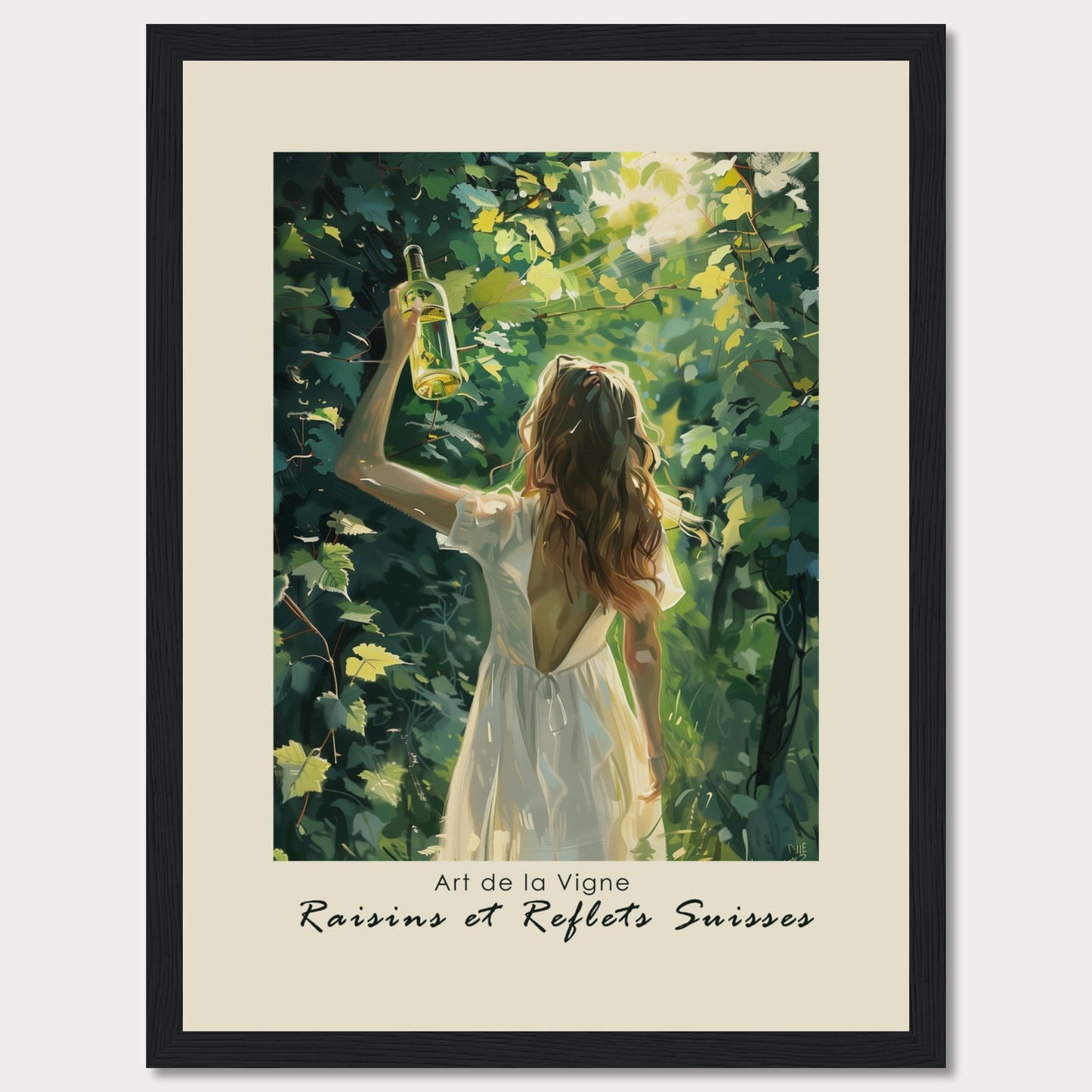 This captivating artwork titled "Art de la Vigne" showcases a woman in a white dress holding up a bottle of wine amidst lush green vines, with sunlight filtering through the leaves. The scene exudes a sense of tranquility and connection with nature.