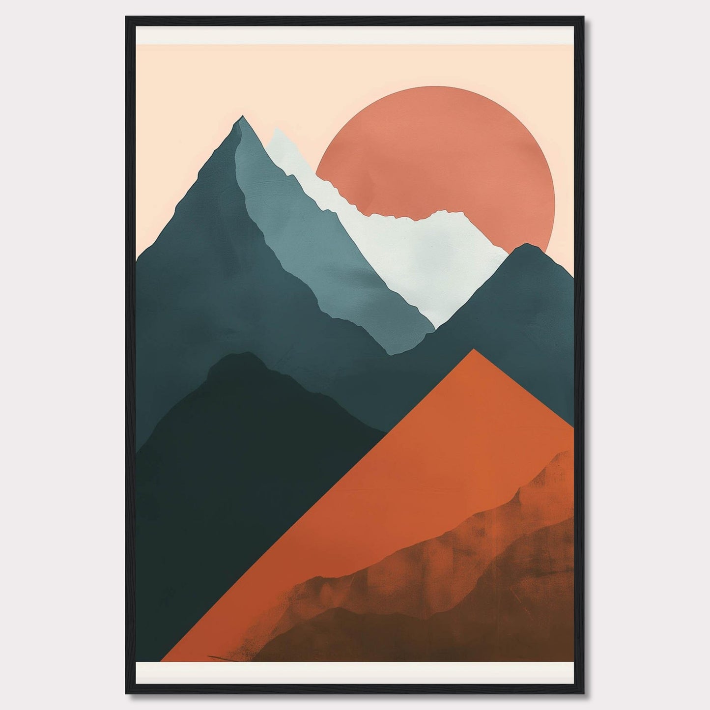 This is a modern, abstract art print featuring a mountain landscape with a large sun setting in the background. The artwork uses bold, contrasting colors to create a striking visual impact.