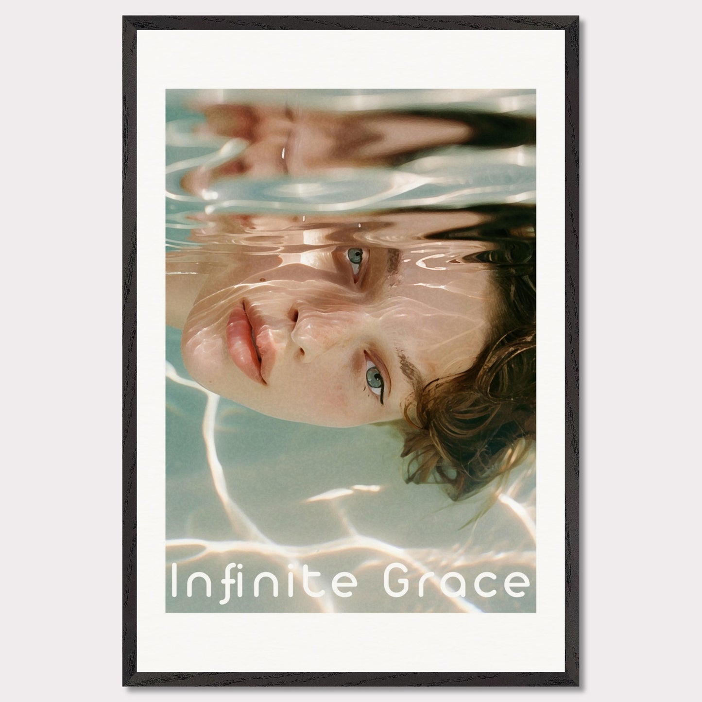 This is an illustration of a person's face partially submerged in water, creating a reflective and serene effect. The text "Infinite Grace" is displayed at the bottom of the image.

Where will this poster fit: This poster would fit well in a modern living room, a bedroom, or a creative studio space.