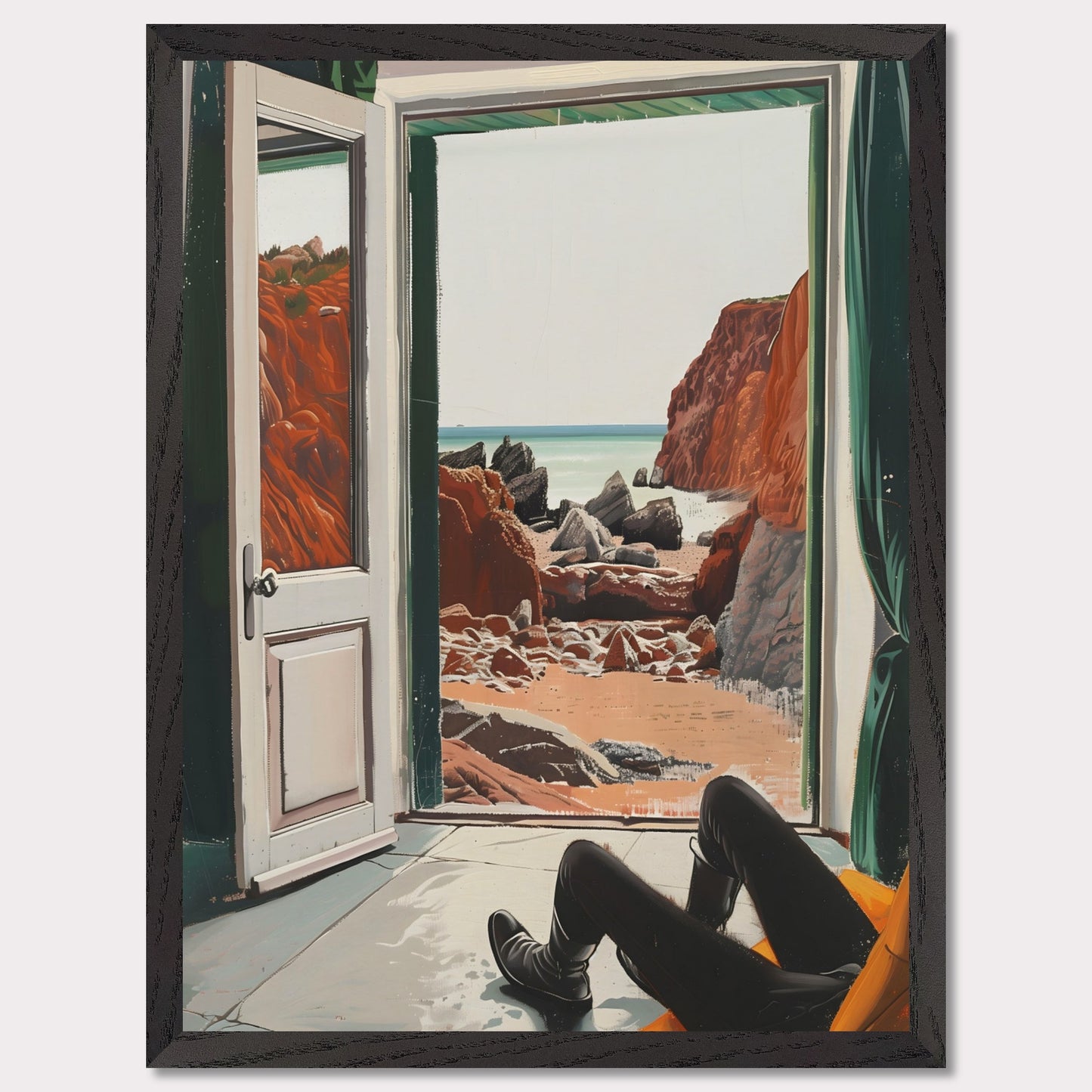 This image captures a serene view of a rocky beach through an open door. The scene is framed by the interior of a room where a person is seated, legs stretched out, possibly relaxing and enjoying the view.