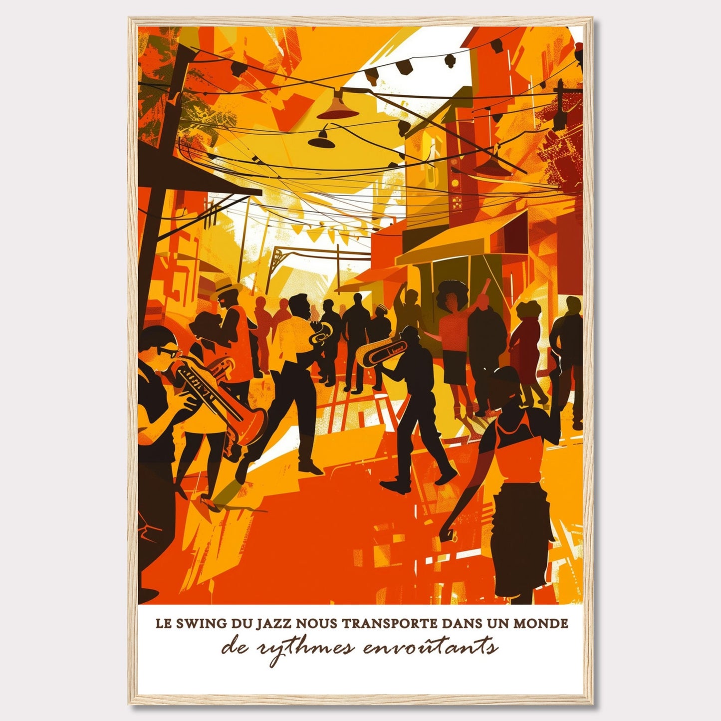 This vibrant illustration captures the lively atmosphere of a jazz street performance. Musicians with trumpets and trombones play energetically, surrounded by an enthusiastic crowd. The scene is bathed in warm hues of orange and yellow, evoking a sense of warmth and excitement.