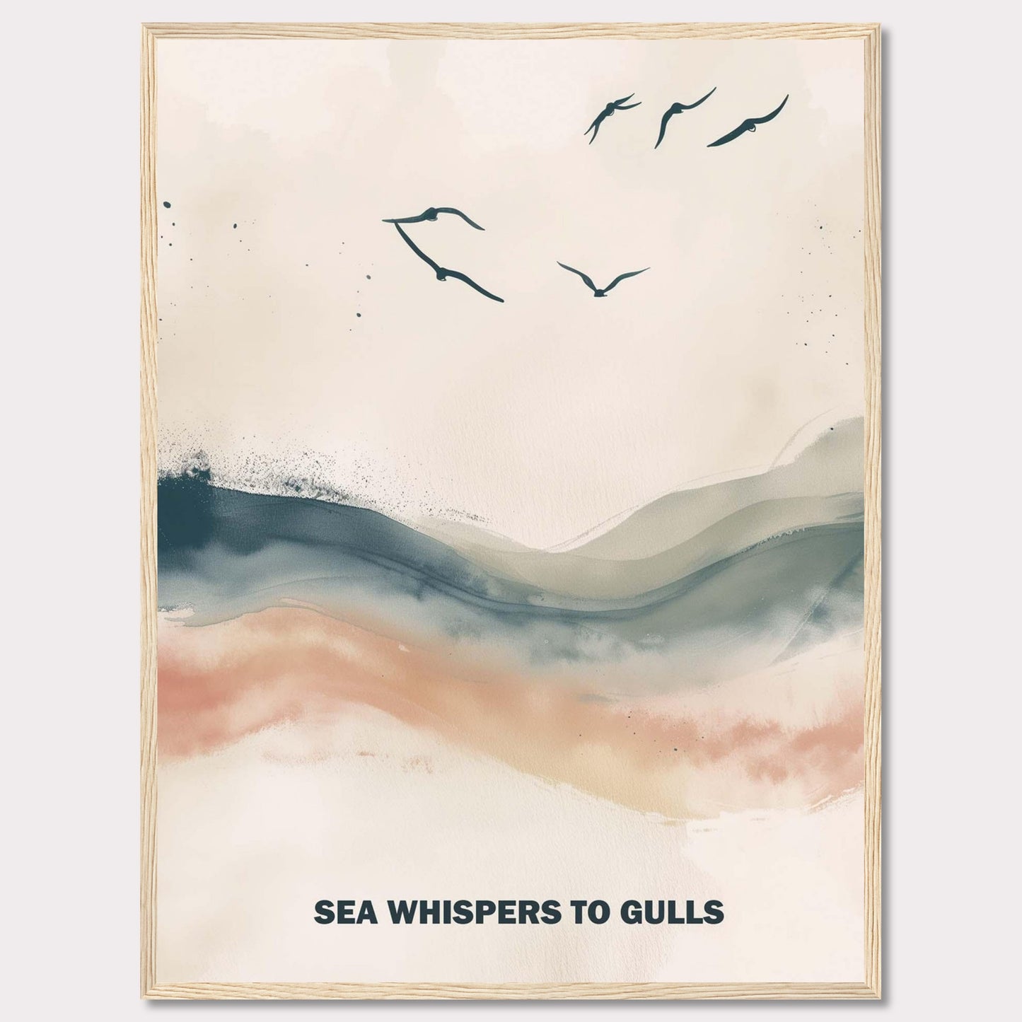 This serene artwork features a minimalist design with gentle waves and flying gulls. The soothing colors create a tranquil atmosphere, perfect for any space needing a touch of calm. The text "SEA WHISPERS TO GULLS" adds a poetic element to the piece.