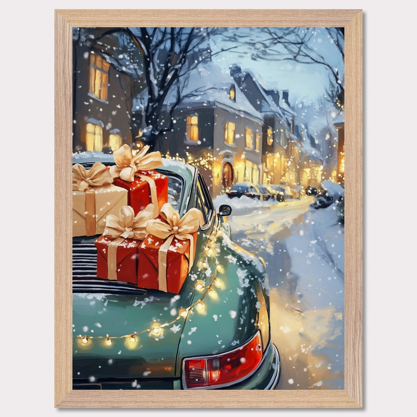 A cozy Christmas scene in Switzerland is captured in this enchanting poster. The focus is a beautiful Christmas tree adorned with lights, set in the heart of a charming town covered in snow. A Porsche, with festive gifts on the roof, adds a touch of luxury to this idyllic winter setting. The vintage typography "Christmas in Switzerland" evokes a sense of nostalgia and warmth, making it the perfect holiday decoration.