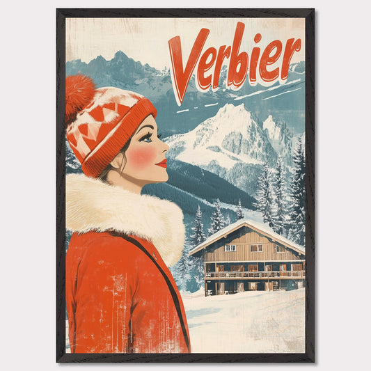 This elegant retro-style poster features a woman in a stylish red winter coat and pom-pom hat, looking towards the majestic Verbier mountains. The soft pastel tones and crisp white snow provide a serene backdrop, while the vintage design and typography evoke a sense of sophistication and timeless charm. The poster conveys the allure of Verbier as both an adventure and a refined escape into nature’s beauty.