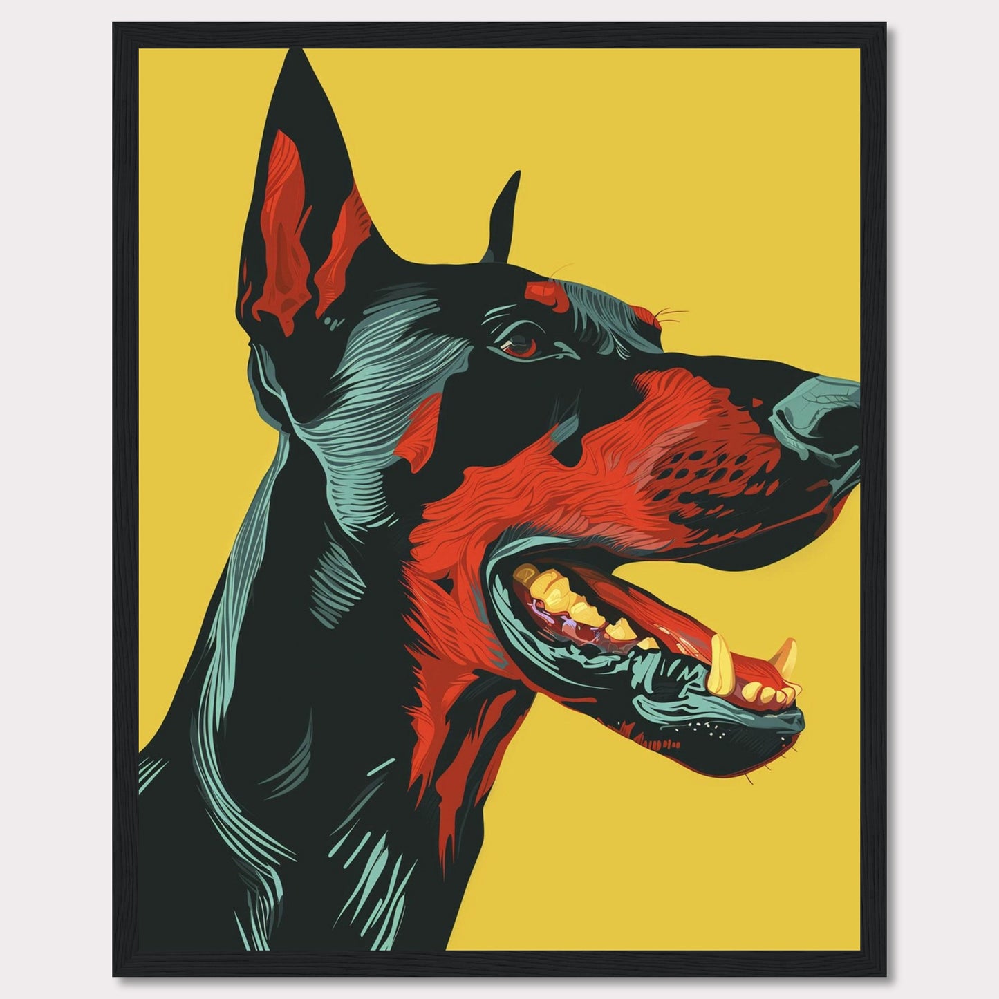 This vibrant artwork features a striking, stylized portrait of a Doberman against a bold yellow background. The detailed illustration showcases the dog's fierce expression with vivid red and black hues, emphasizing its strong and dynamic presence. The piece is framed in a sleek black border, enhancing its modern aesthetic.