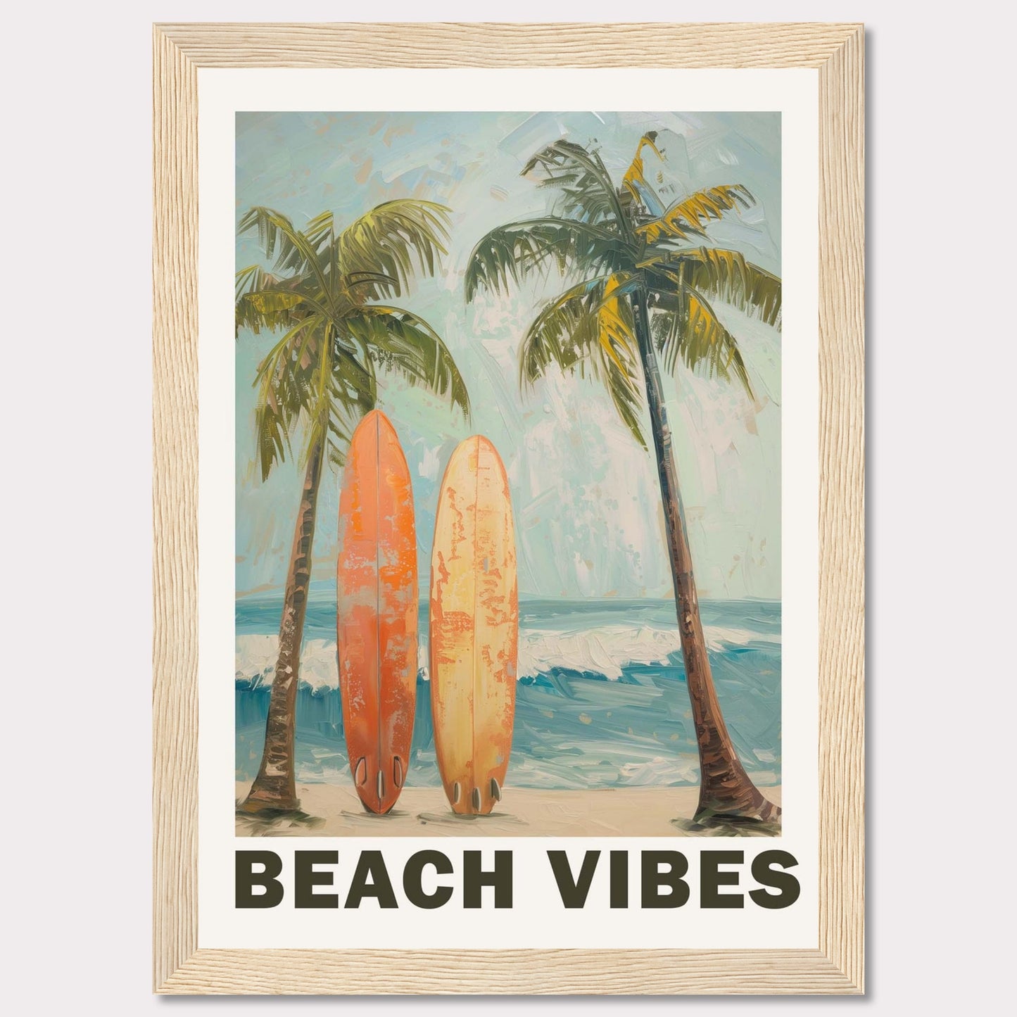 This vibrant artwork captures the essence of a perfect beach day. Two surfboards rest against tall palm trees, with waves crashing in the background and a clear sky above.