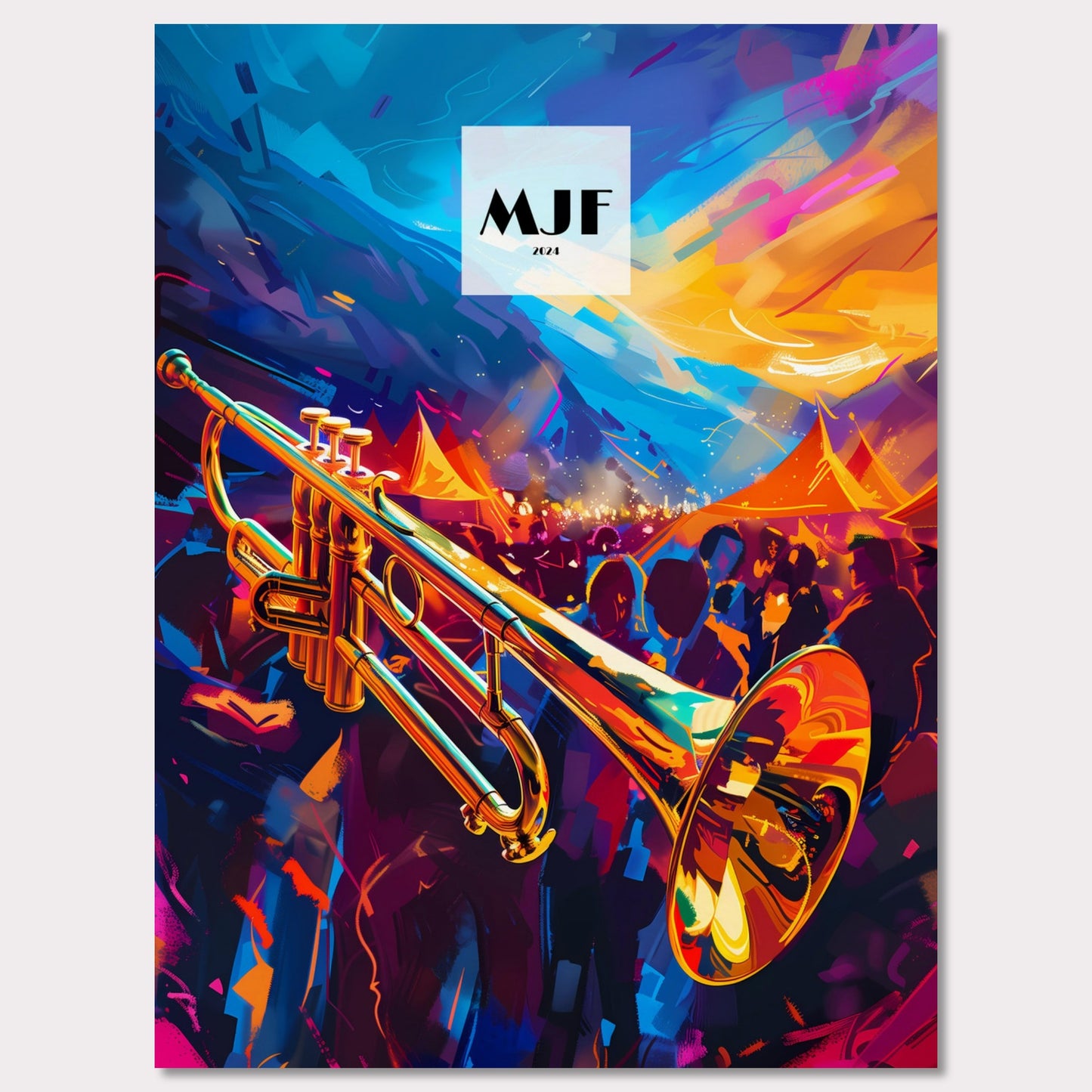 This vibrant poster captures the essence of a lively jazz festival. A gleaming trumpet takes center stage, set against a backdrop of colorful tents and an enthusiastic crowd. The sky is painted with dynamic strokes of blue and orange, adding to the energetic atmosphere.