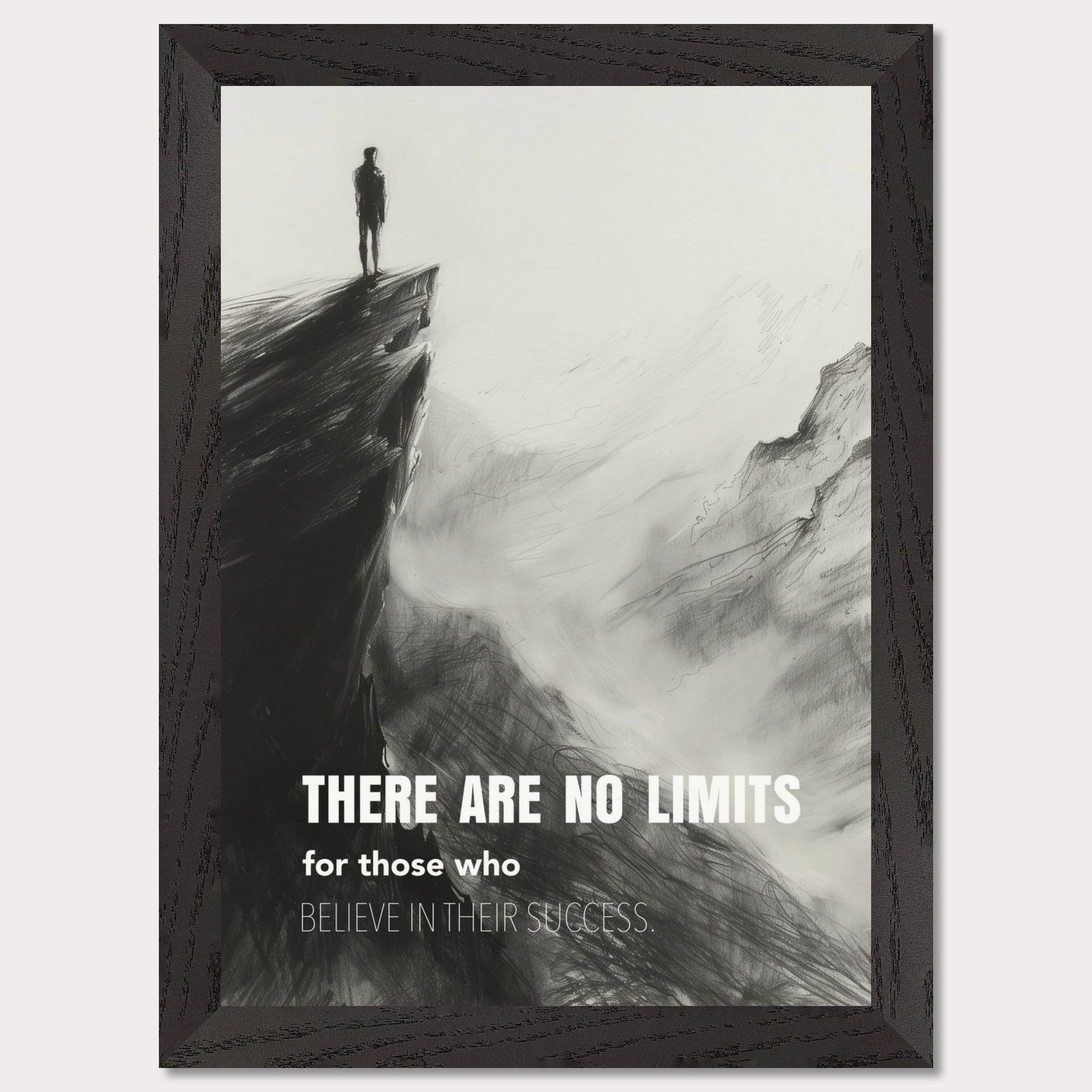 This image depicts a person standing at the edge of a cliff, looking out over a vast, foggy landscape. The scene is rendered in black and white, giving it a dramatic and contemplative feel. The text on the image reads: "There are no limits for those who believe in their success."