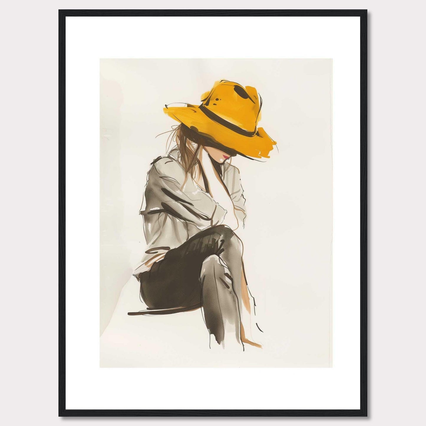 This artwork features a stylish illustration of a person wearing a large, vibrant yellow hat. The figure is seated, with their head slightly bowed, creating a sense of introspection and calm. The use of muted tones for the clothing contrasts beautifully with the boldness of the hat, making it the focal point of the piece. The minimalist background allows the viewer to fully appreciate the elegance and simplicity of the design.