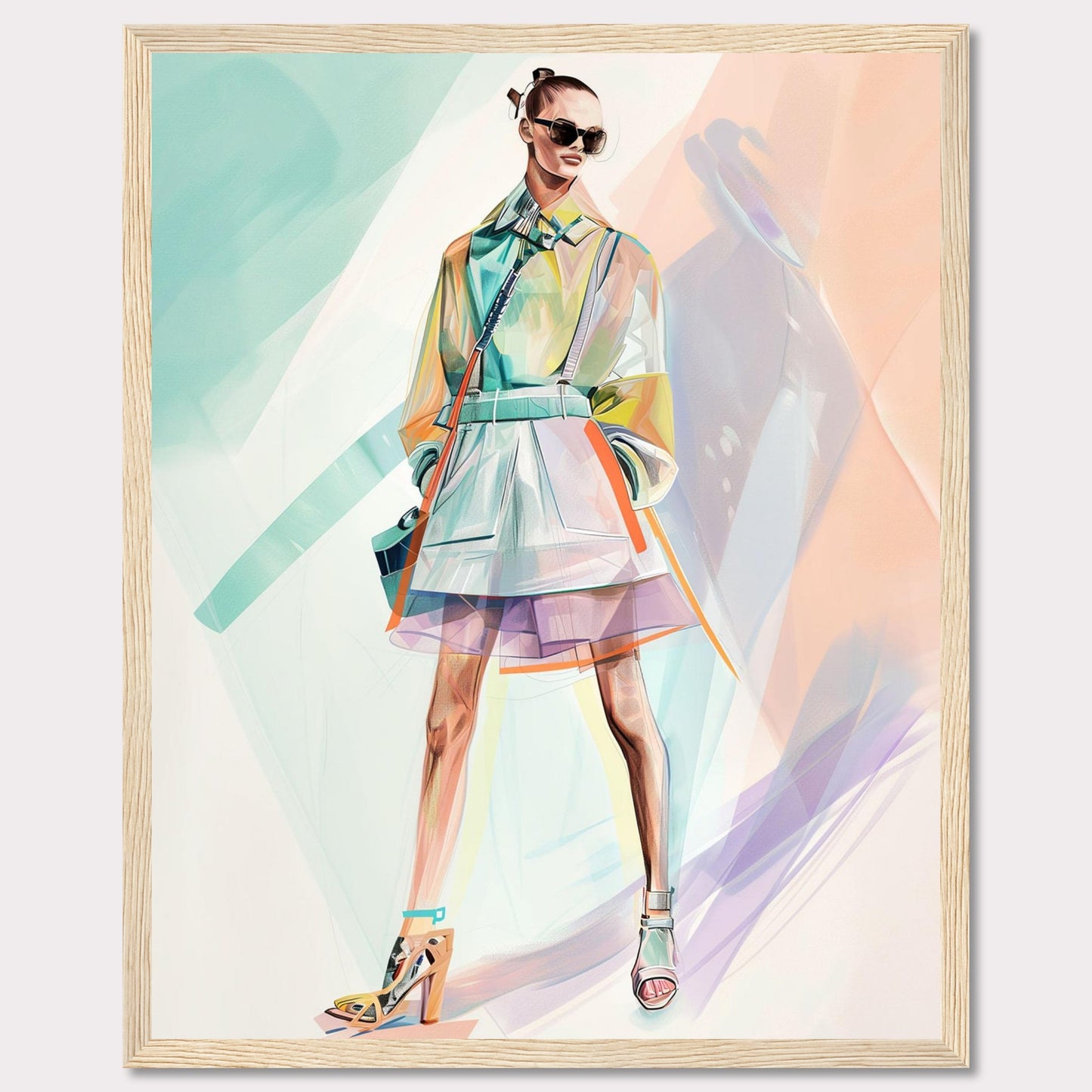 This stunning artwork features a stylish figure in a vibrant, modern outfit. The person is wearing a colorful, translucent coat over a layered skirt, with high-fashion heels and chic sunglasses. The background is an abstract blend of pastel colors, enhancing the fashionable vibe.