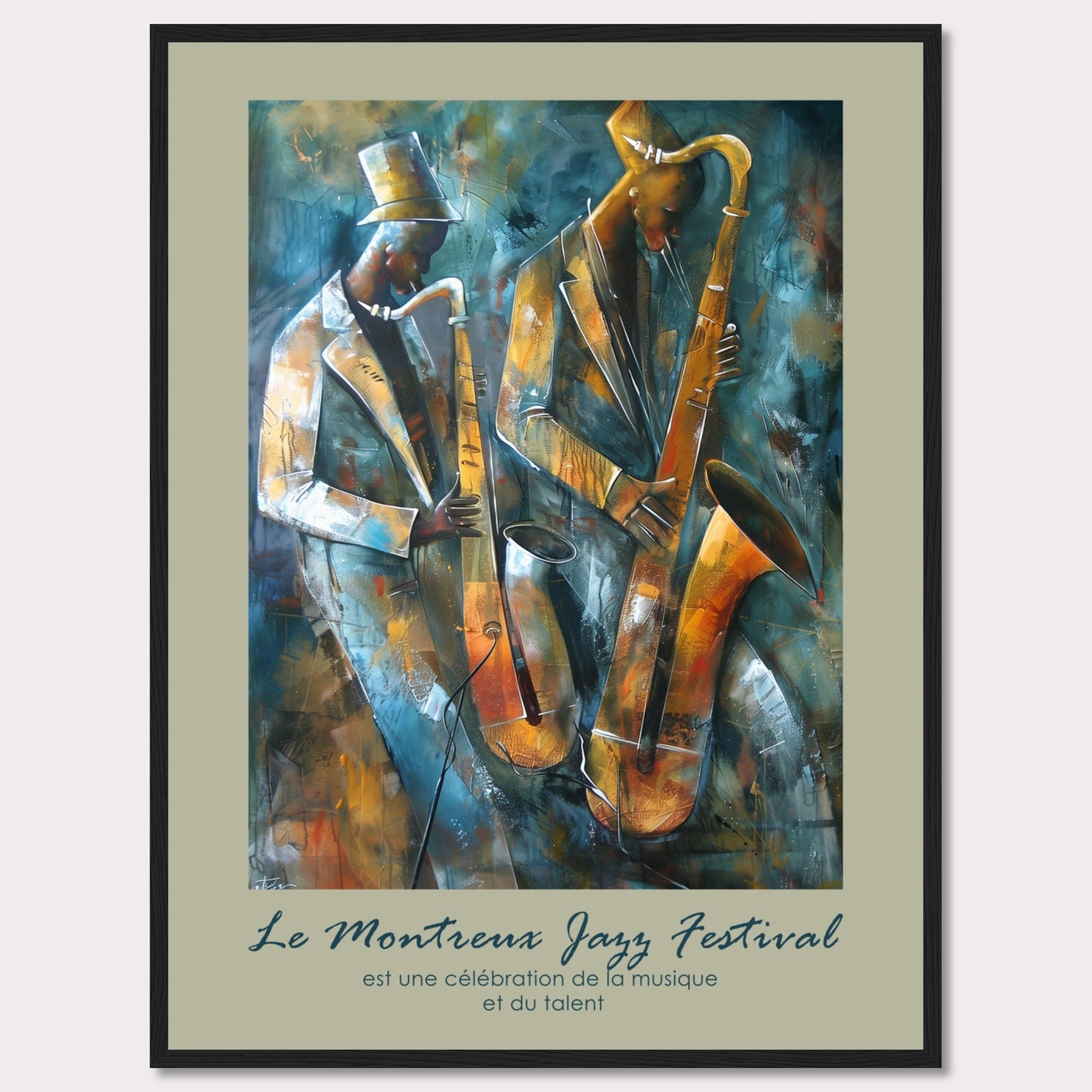 This vibrant artwork captures the essence of jazz with two musicians passionately playing their saxophones. The rich, abstract background adds depth and movement to the scene, emphasizing the dynamic nature of the music. The text at the bottom reads, "Le Montreux Jazz Festival est une célébration de la musique et du talent," highlighting the festival's celebration of music and talent.