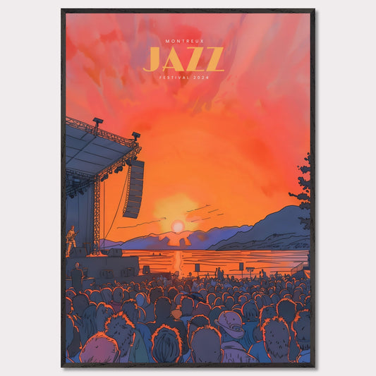 This vibrant poster showcases the Montreux Jazz Festival 2024, capturing the essence of a live outdoor concert at sunset. The scene is set with a large crowd facing a stage where a musician performs against a backdrop of a stunning sunset over a lake and mountains.