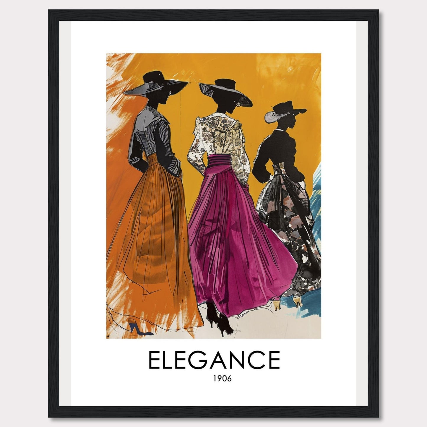 Three stylish women in elegant dresses and wide-brimmed hats stand gracefully against a vibrant orange background. The artwork exudes sophistication and timeless fashion from the early 1900s.