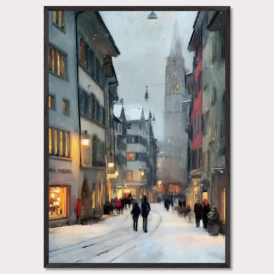 Snow falls gently between old town facades as people wander through glowing windows and quiet alleys. Time seems to slow. This image is a winter stroll, an ode to dusk, city calm, and warmth within.
