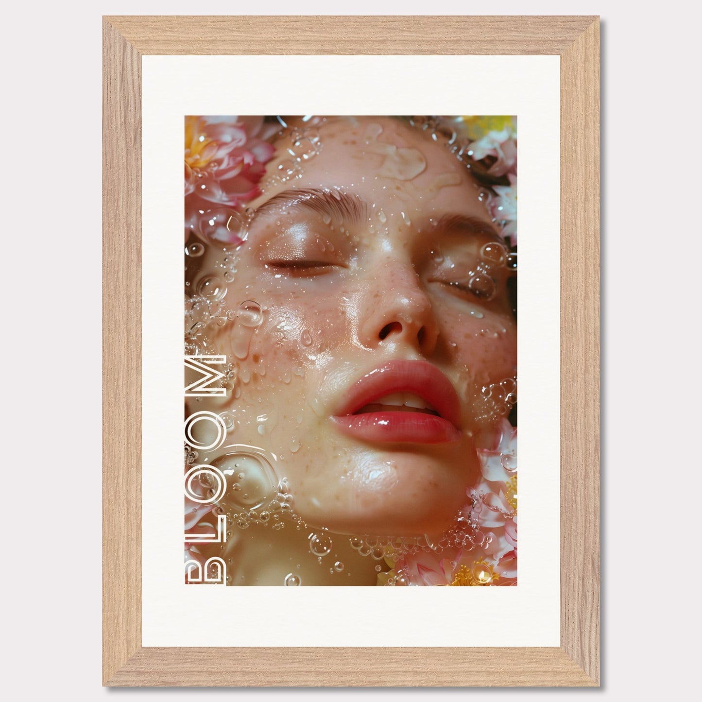 This illustration features a close-up of a serene face with closed eyes, surrounded by water droplets and flowers. The word "BLOOM" is prominently displayed along the left side.

Where this poster will fit: This poster would be ideal for a bedroom, living room, or beauty salon.