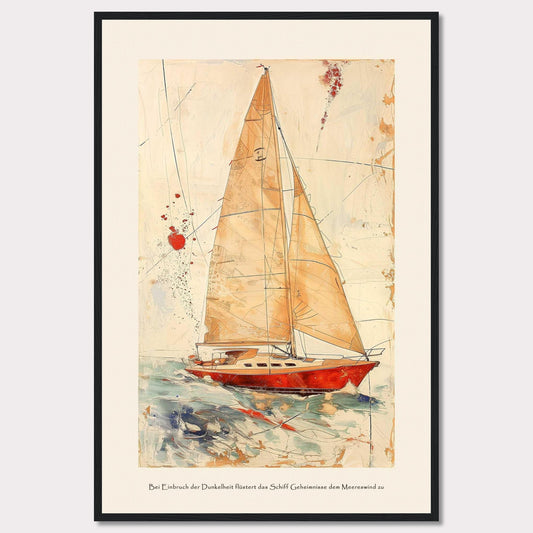 This artwork depicts a stunning sailboat navigating through the ocean with its sails fully unfurled. The painting features a vibrant red boat set against a dynamic background of abstract lines and splashes of color, giving a sense of movement and adventure. The text at the bottom reads: "Bei Einbruch der Dunkelheit flüstert das Schiff Geheimnisse dem Meereswind zu," which translates to "At dusk, the ship whispers secrets to the sea breeze."