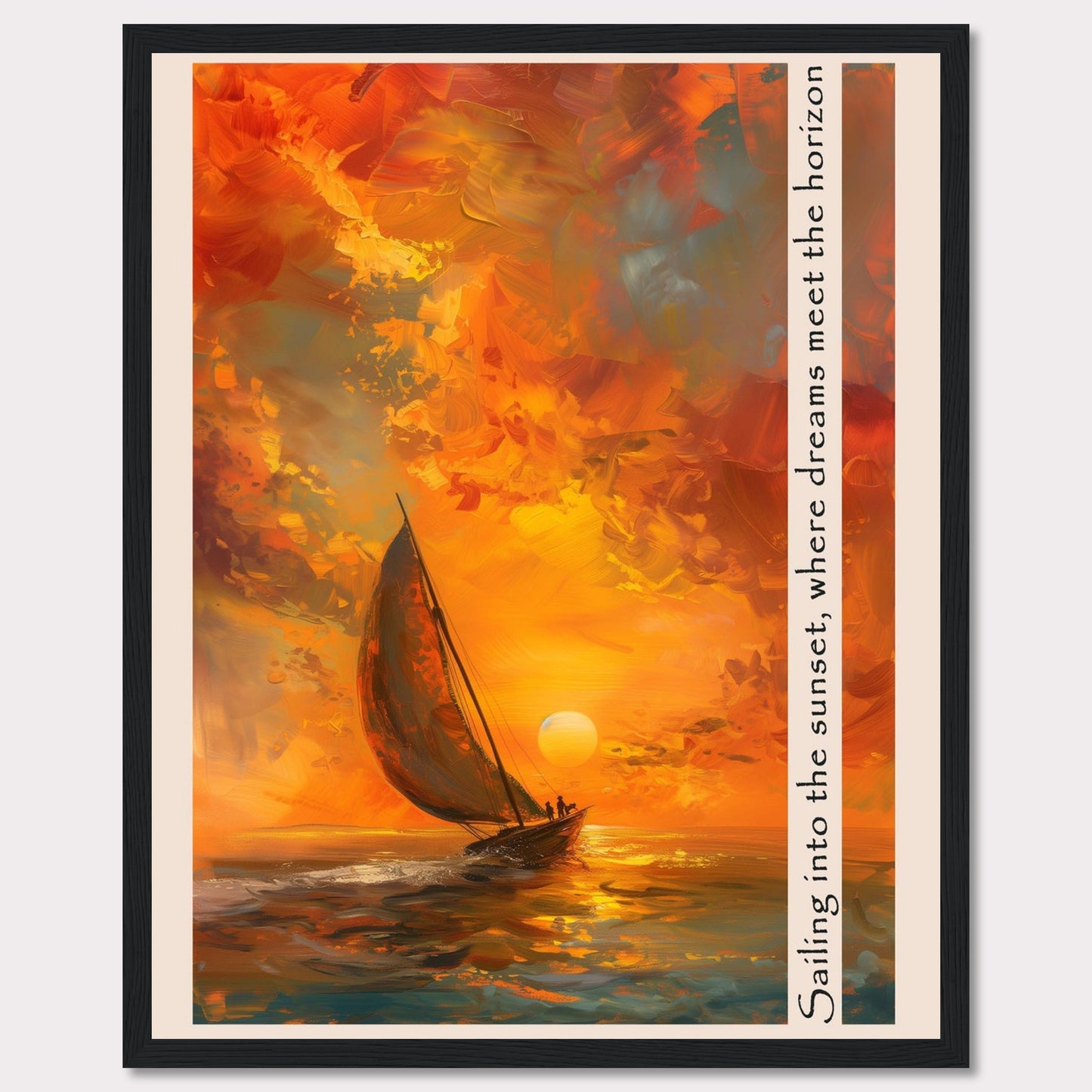 This captivating artwork depicts a sailboat gliding through the vibrant hues of a sunset, where the sky meets the sea in a harmonious blend of colors. The painting's warm tones evoke a sense of tranquility and adventure.