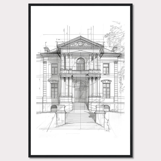 This image showcases an architectural sketch of a grand, classical building. The detailed drawing highlights the intricate design and majestic structure of the edifice.