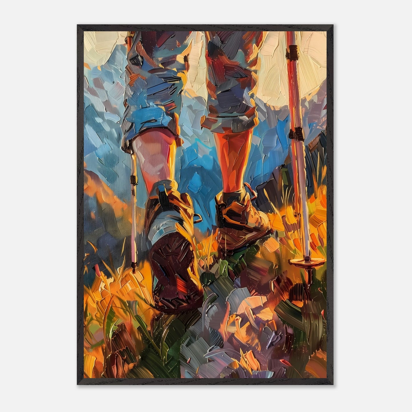 This illustration depicts a hiker's legs and feet as they traverse a vibrant, mountainous landscape. The scene is painted with bold, expressive brushstrokes, emphasizing the dynamic movement and rugged terrain.