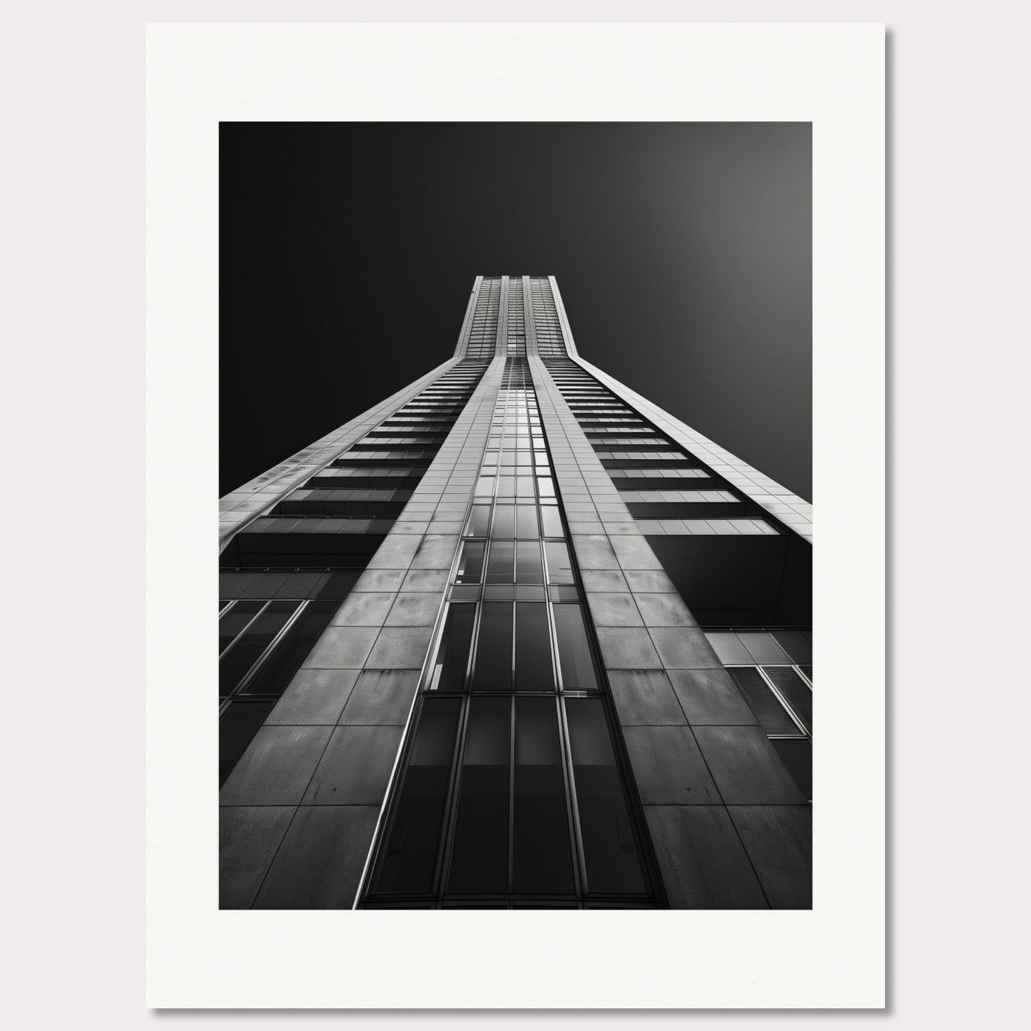 This striking black and white photograph captures the awe-inspiring perspective of looking up at a towering skyscraper. The image emphasizes the sleek lines and modern architecture, drawing the viewer's eye upwards towards the sky.