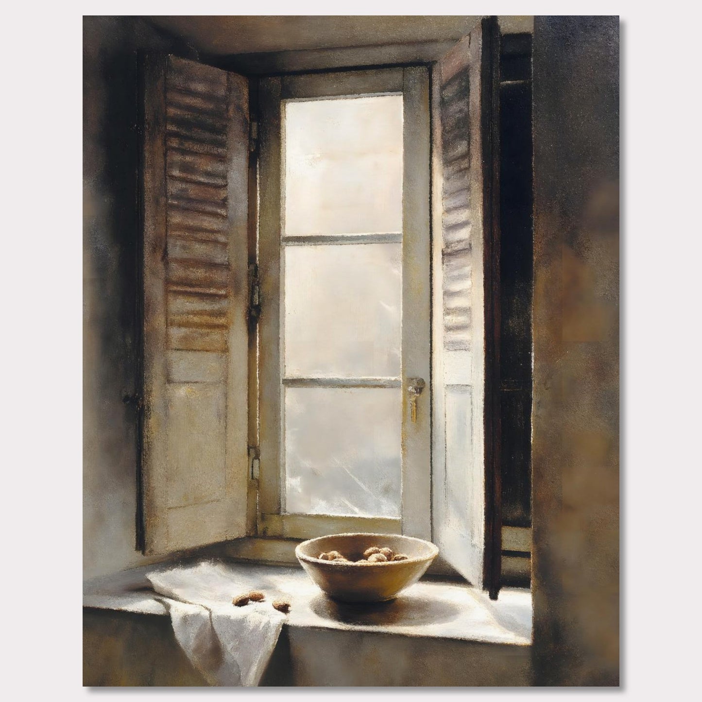 Golden light streams through an old shuttered window, catching the edge of a ceramic bowl filled with walnuts. A linen cloth rests gently nearby, suggesting quiet hands and slow mornings. This image is domestic poetry — a tribute to texture, stillness, and time.