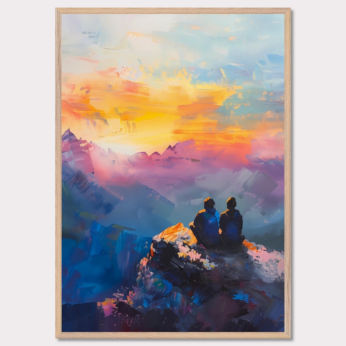 This is an illustration of two people sitting on a rocky cliff, overlooking a vibrant and colorful sunset or sunrise. The sky is painted with warm hues of orange, yellow, and pink, blending into cooler tones of blue and purple.