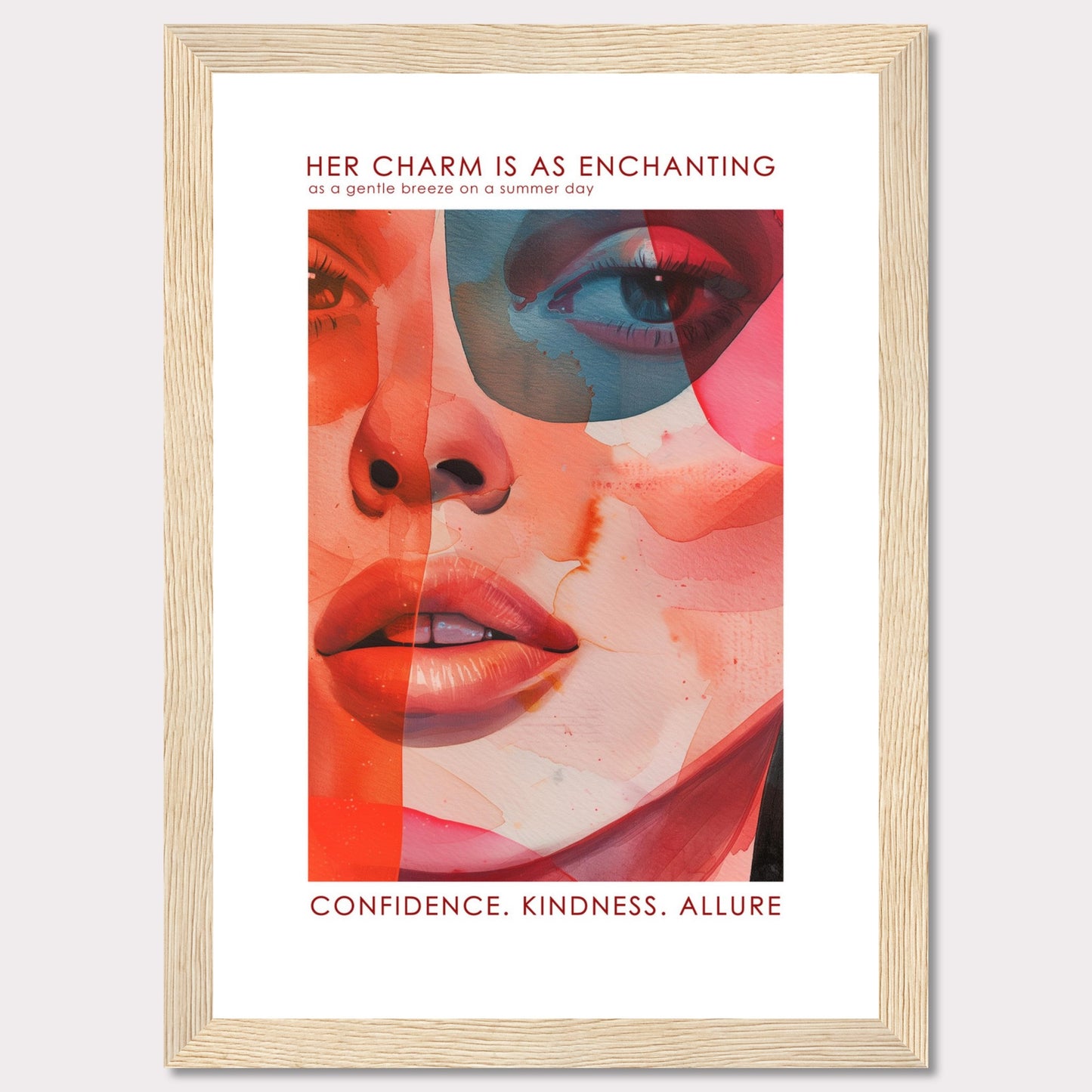 This captivating artwork features a vibrant and abstract portrait of a woman's face, blending warm and cool tones seamlessly. The text at the top reads, "HER CHARM IS AS ENCHANTING as a gentle breeze on a summer day," and at the bottom, it emphasizes "CONFIDENCE. KINDNESS. ALLURE." The image evokes a sense of elegance, mystery, and strength.