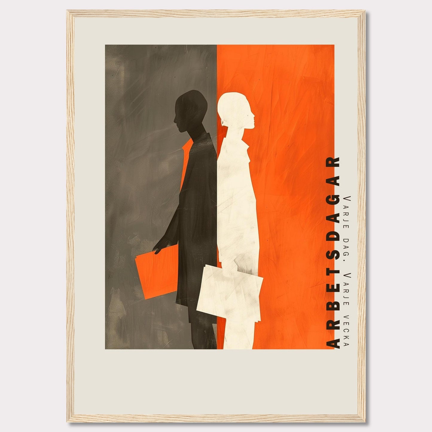 This striking artwork features two silhouetted figures, one in black and the other in white, standing back-to-back against a divided background of gray and orange. Both figures are holding documents, symbolizing work or business activities. The text "ARBETSDAGAR" is prominently displayed vertically on the right side, accompanied by the phrase "VARJE DAG - VARJE VECKA" below it.