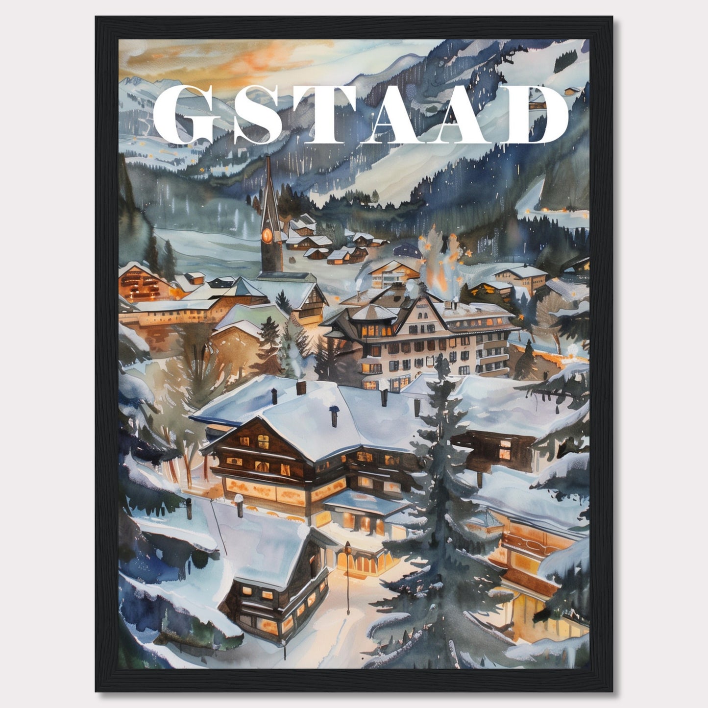 This image showcases a beautiful winter scene of Gstaad, a picturesque village nestled in the Swiss Alps. The painting captures the charm of snow-covered chalets, pine trees, and a serene mountainous backdrop under a soft evening sky.