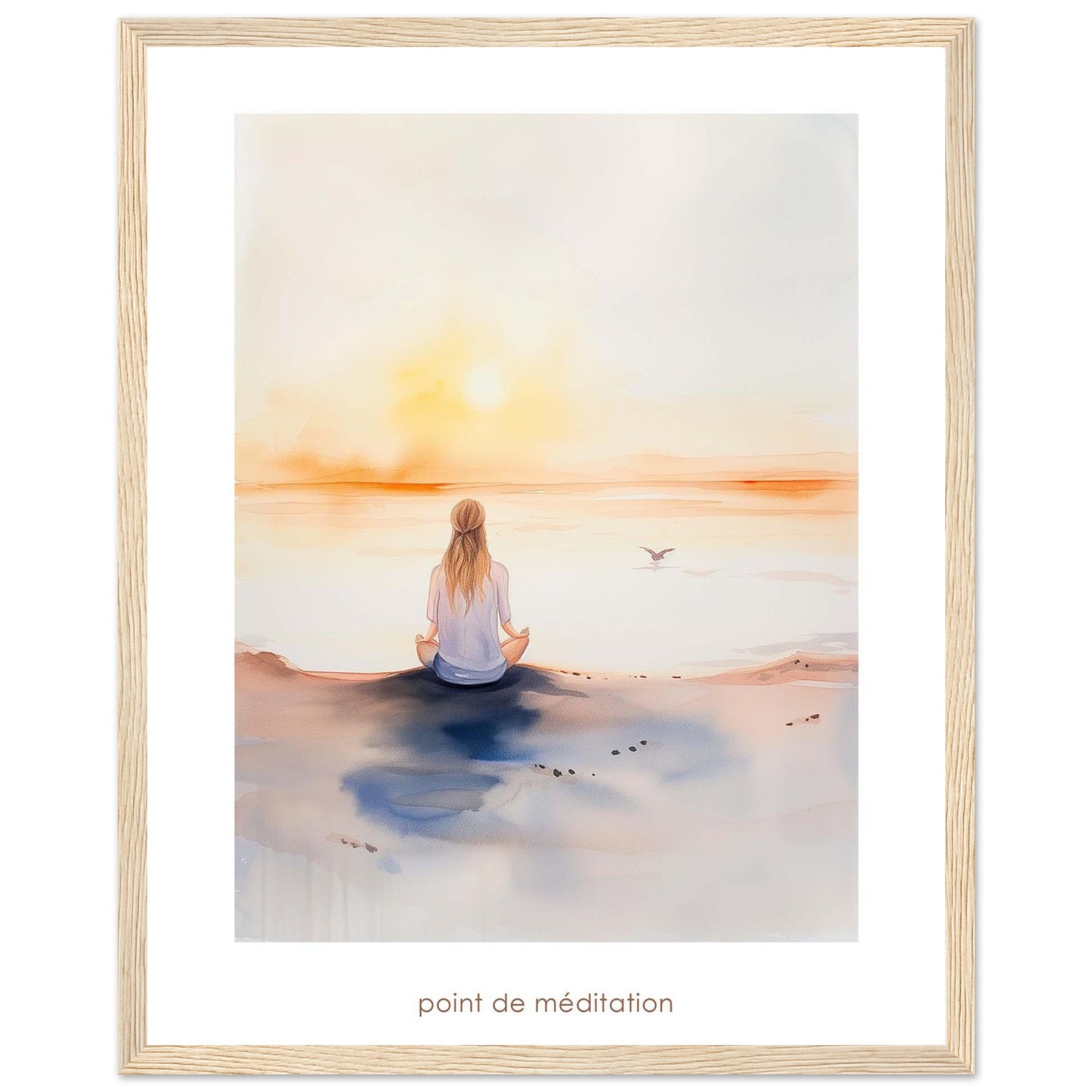 This serene artwork captures a tranquil moment of meditation by the sea at sunrise. A person sits cross-legged on the shore, facing the calming horizon as the sun rises, casting a warm glow over the water. A bird flies gracefully in the distance, adding to the peaceful ambiance. The soft colors and gentle brushstrokes evoke a sense of calm and introspection.