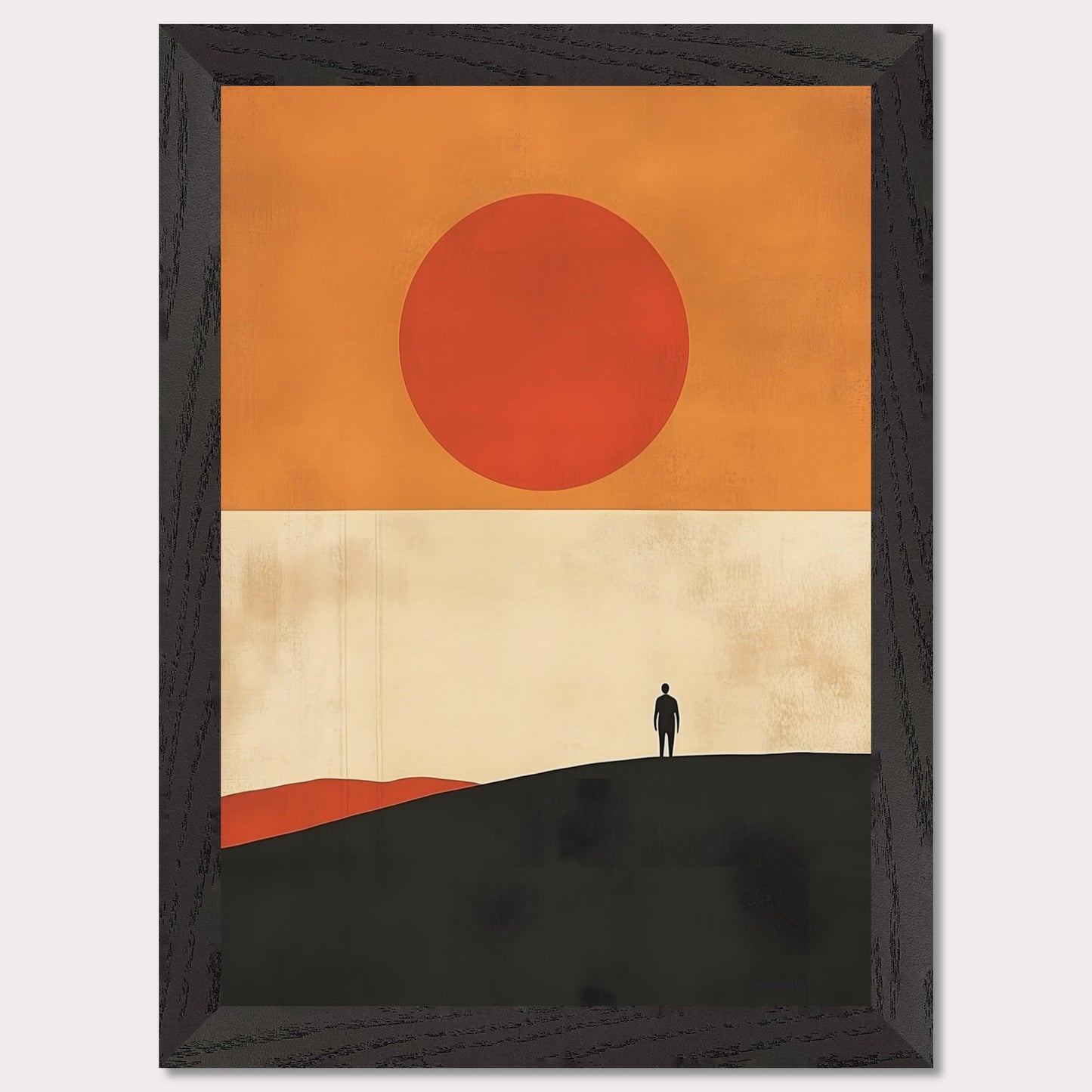 A striking minimalist artwork that conveys a sense of isolation and reflection. A lone figure stands on a hill under an oversized sun, evoking themes of wanderlust, contemplation, and the vastness of the world. The warm tones and simple composition give it a timeless, meditative feel.