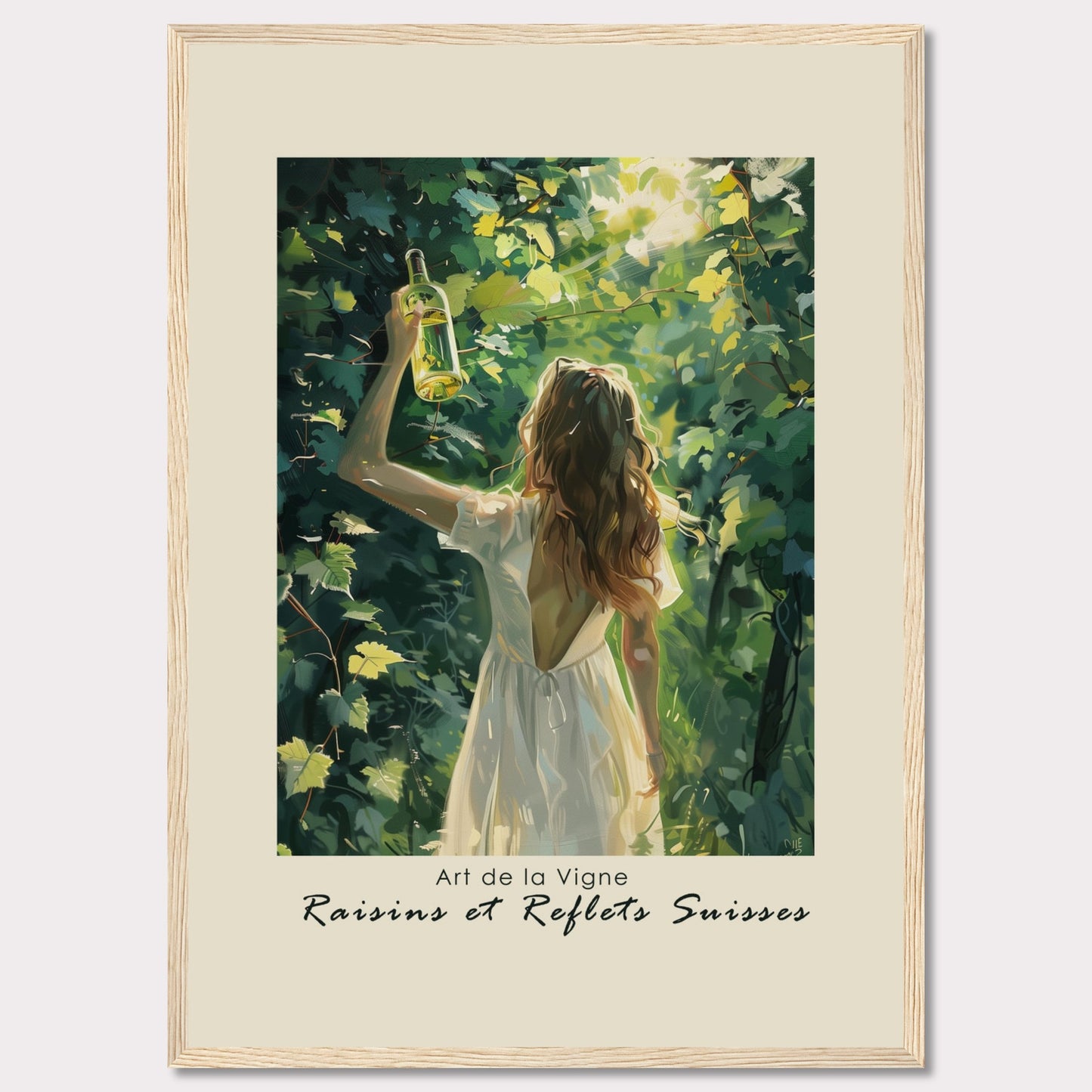 This captivating artwork titled "Art de la Vigne" showcases a woman in a white dress holding up a bottle of wine amidst lush green vines, with sunlight filtering through the leaves. The scene exudes a sense of tranquility and connection with nature.