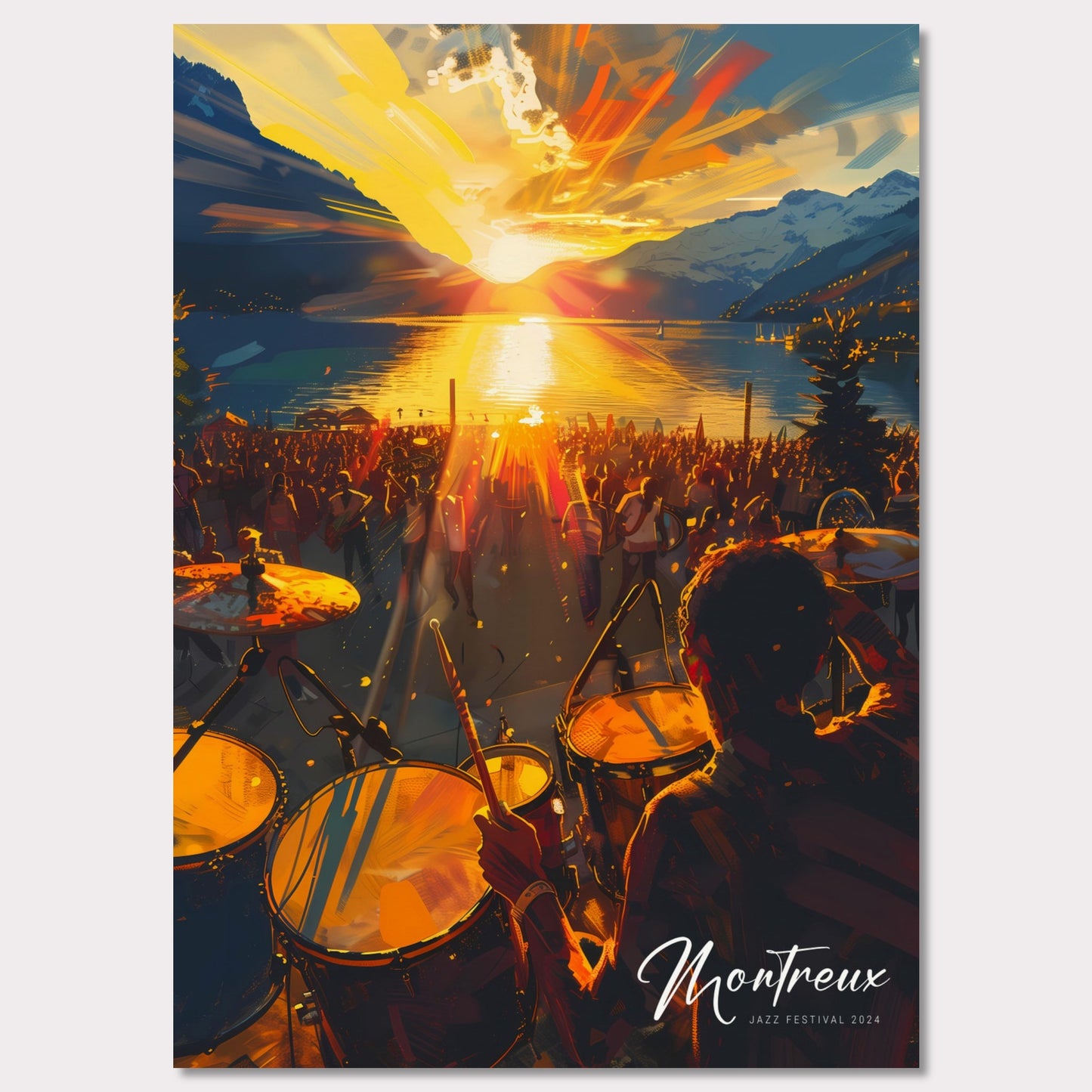 This vibrant image captures the essence of the Montreux Jazz Festival 2024. The scene is set at sunset, with a stunning view of the sun dipping below the horizon over a serene lake, surrounded by majestic mountains. A large crowd is gathered, immersed in the music, while a drummer plays energetically in the foreground.