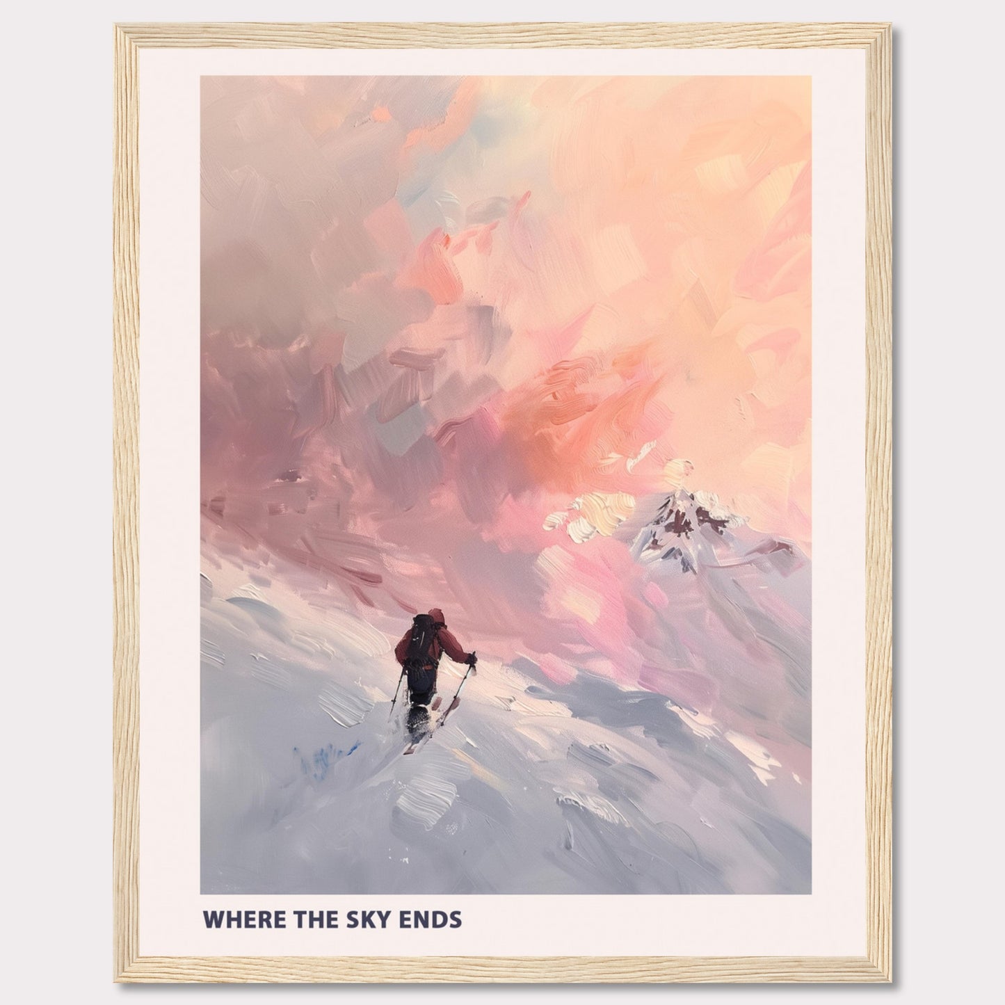 This captivating artwork titled "Where the Sky Ends" portrays a lone adventurer trekking through a snow-covered landscape towards a breathtaking, colorful sky. The painting captures a sense of solitude and determination against a backdrop of majestic, pastel-hued clouds.