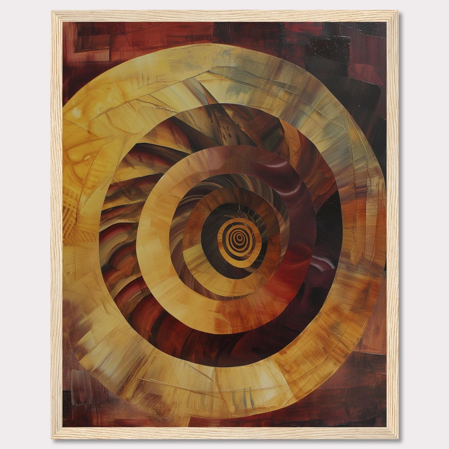 This captivating abstract painting features a mesmerizing spiral design, drawing the viewer into its depths. The artwork is dominated by warm tones of red, orange, and yellow, creating a sense of movement and energy.