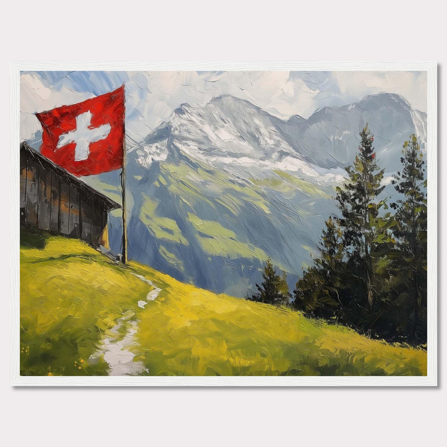 This stunning painting captures the serene beauty of a Swiss alpine landscape. A quaint wooden cabin is perched on a lush green hillside, with a vibrant Swiss flag fluttering proudly beside it. Majestic snow-capped mountains rise in the background, contrasting beautifully with the verdant foreground. Tall evergreen trees add depth and texture to the scene.