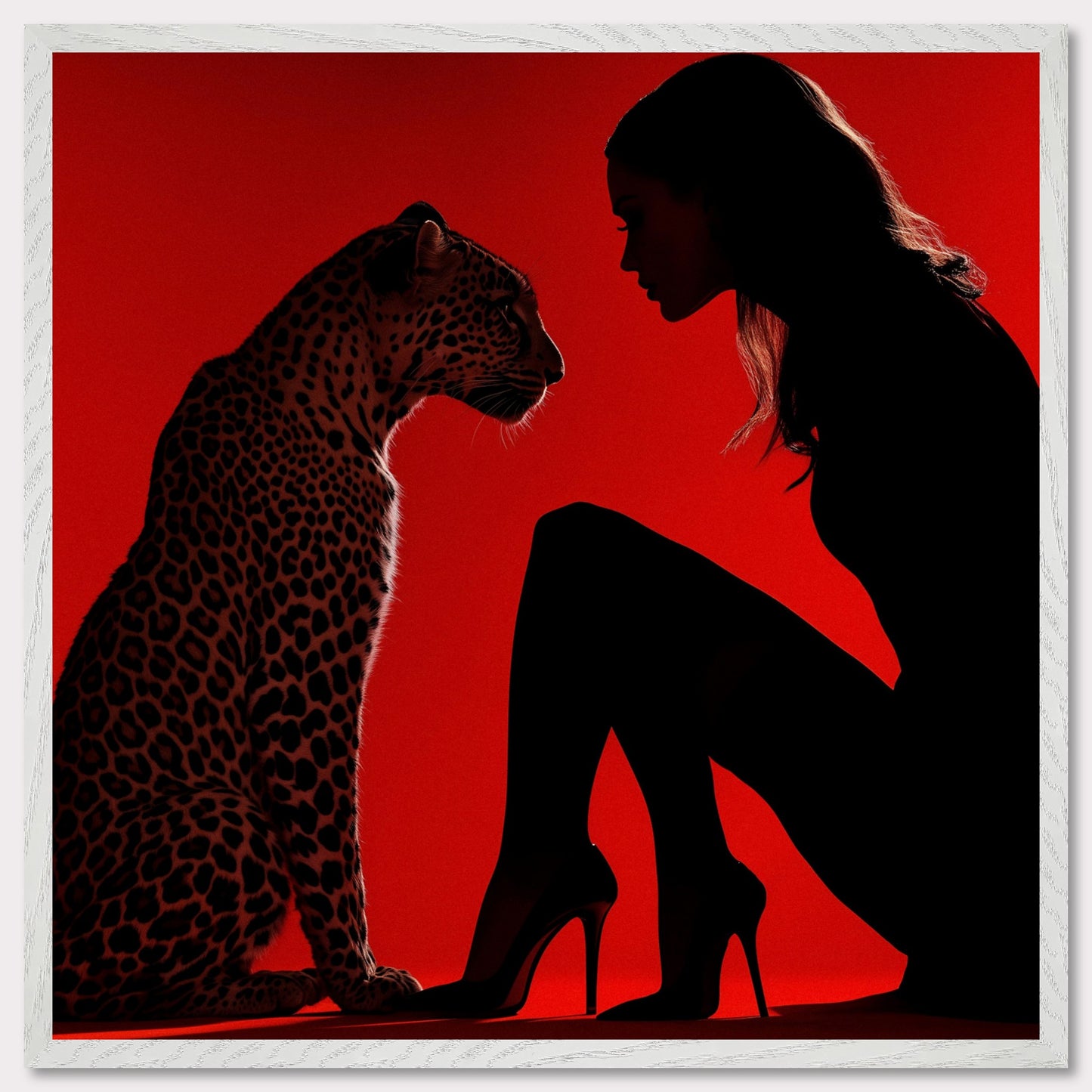 This illustration depicts a silhouette of a woman and a leopard against a vibrant red background. The woman is wearing high heels and is in a kneeling position, facing the leopard. The scene creates a dramatic and intense atmosphere through the use of contrasting colors and shadow play.