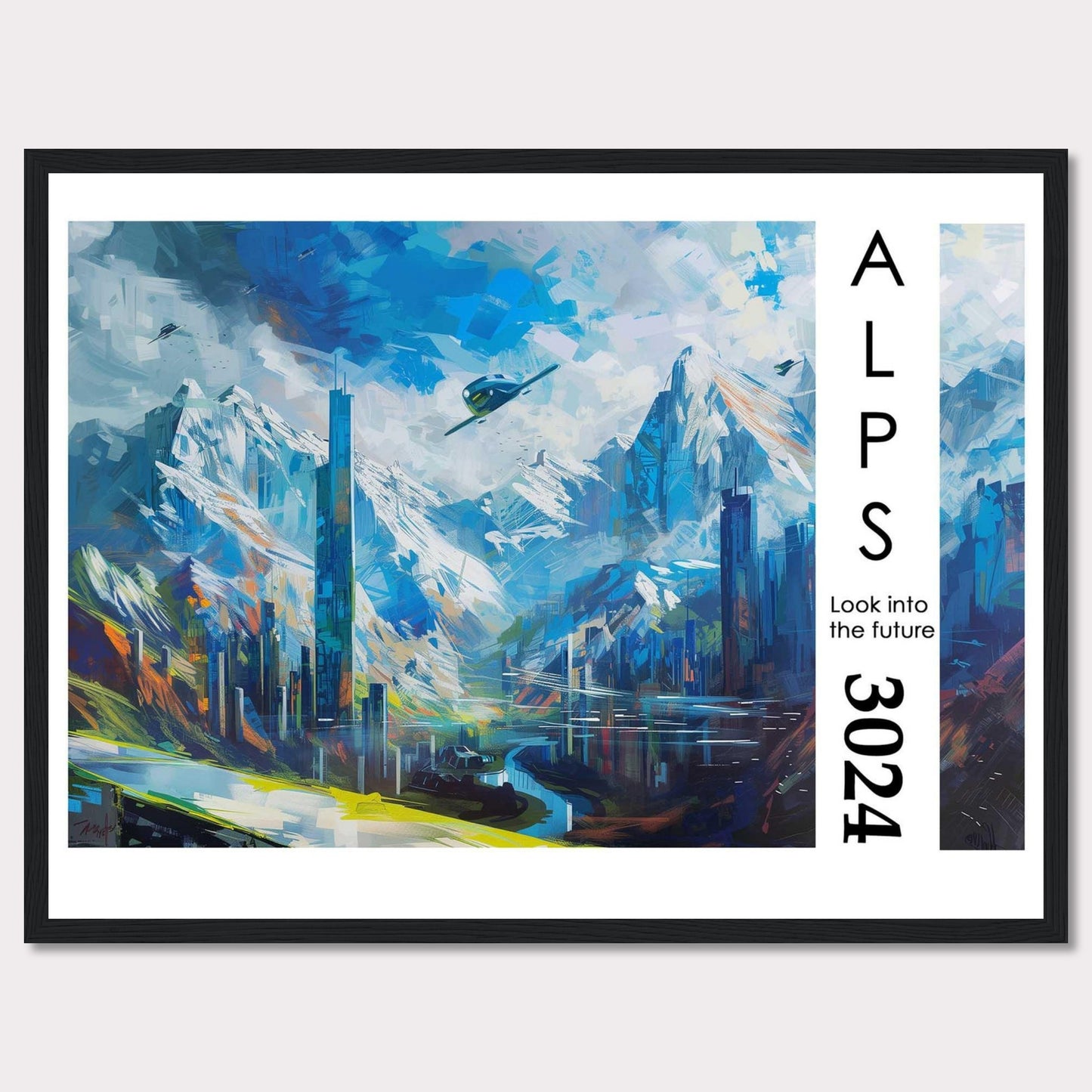 This artwork portrays a futuristic cityscape nestled within the majestic Alps, featuring towering skyscrapers, serene water bodies, and flying vehicles.