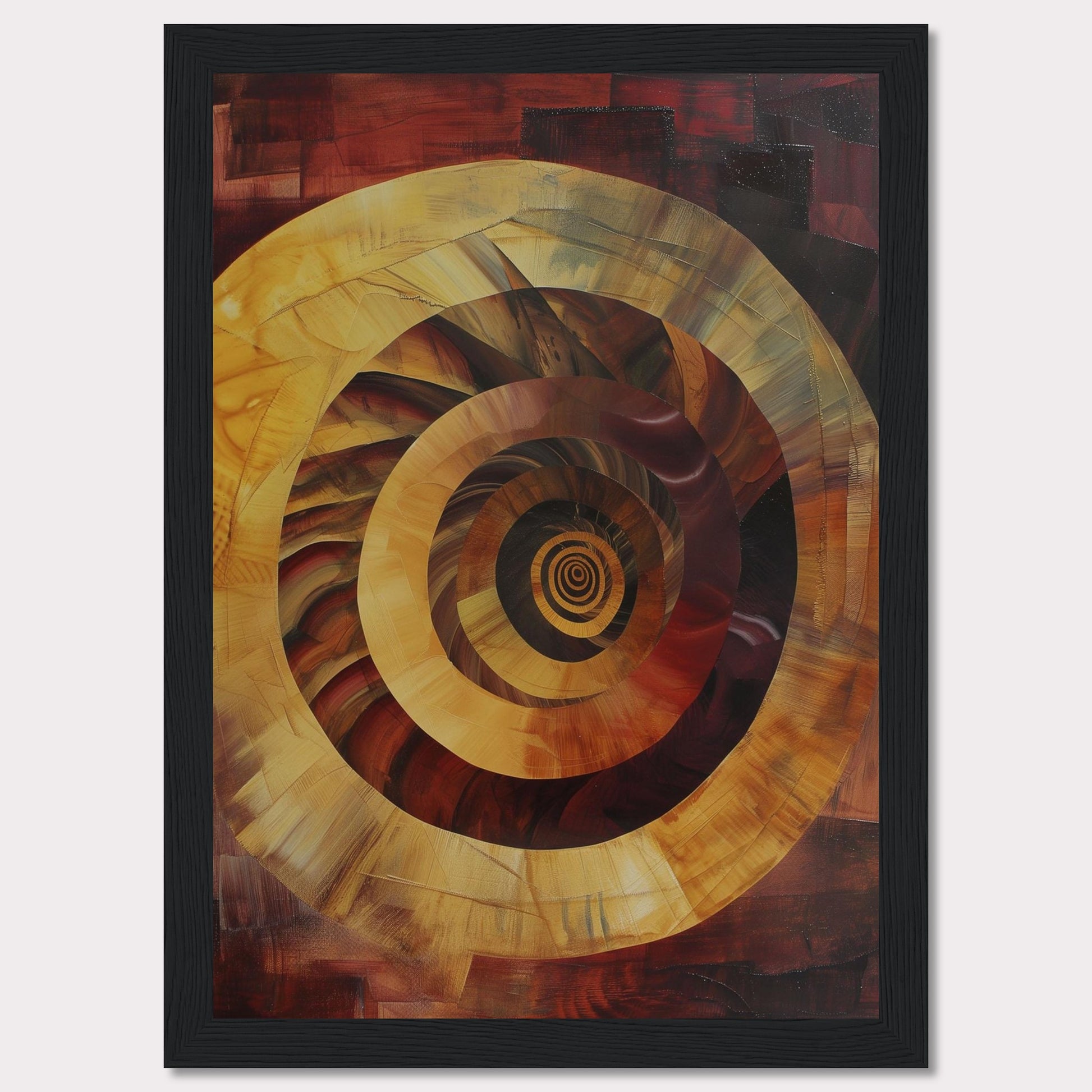 This captivating abstract painting features a mesmerizing spiral design, drawing the viewer into its depths. The artwork is dominated by warm tones of red, orange, and yellow, creating a sense of movement and energy.