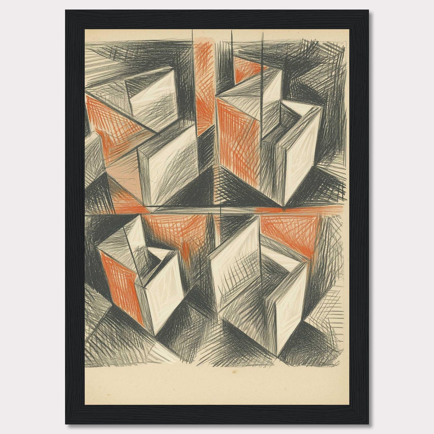 This artwork features an abstract geometric composition with intersecting shapes and lines. The use of black and orange tones creates a dynamic and intriguing visual effect.