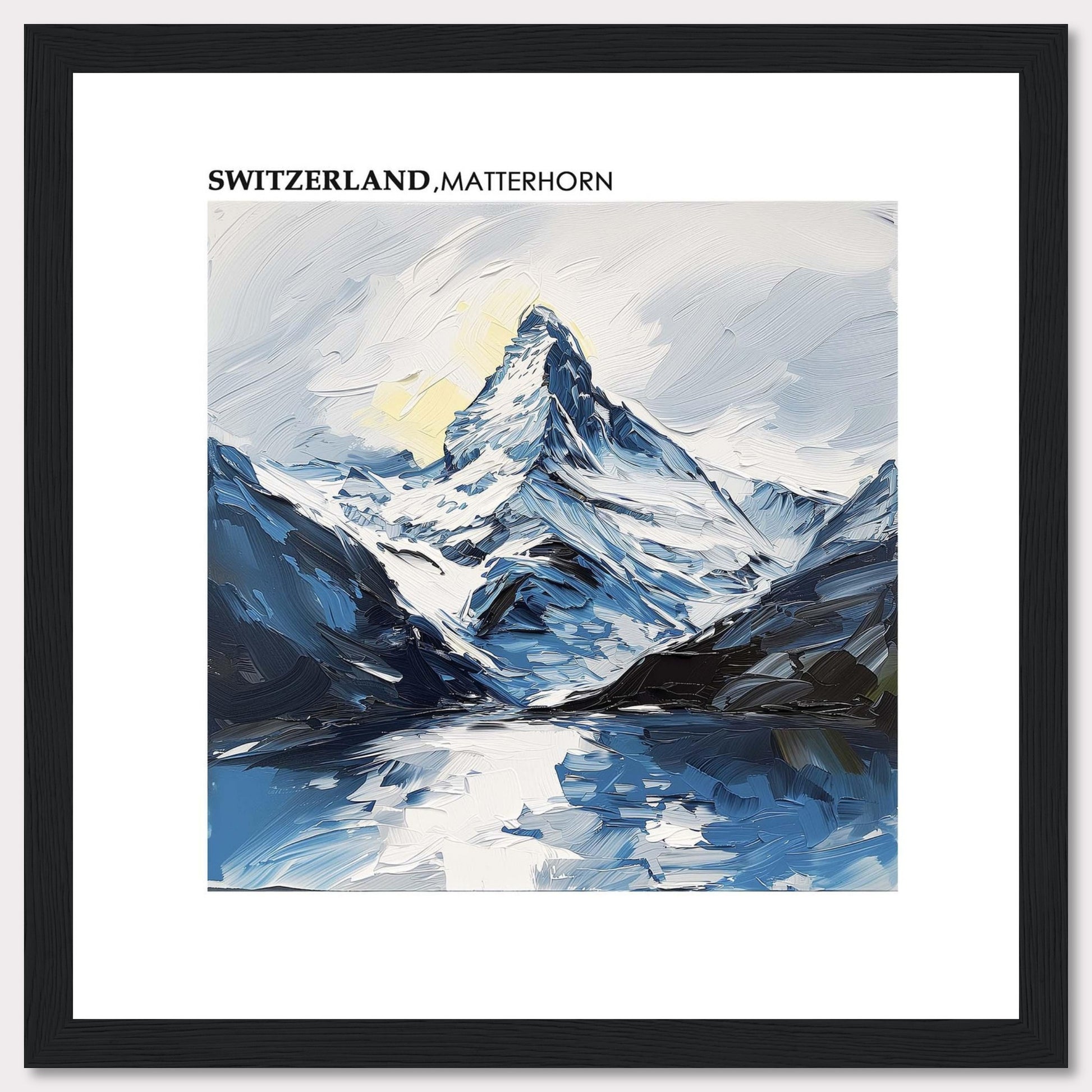 This image showcases a stunning painting of the Matterhorn in Switzerland. The artwork captures the majestic peak with its snow-covered slopes, surrounded by rugged mountains and reflected in a serene lake below. The sky is painted with soft hues, adding a touch of tranquility to the scene.