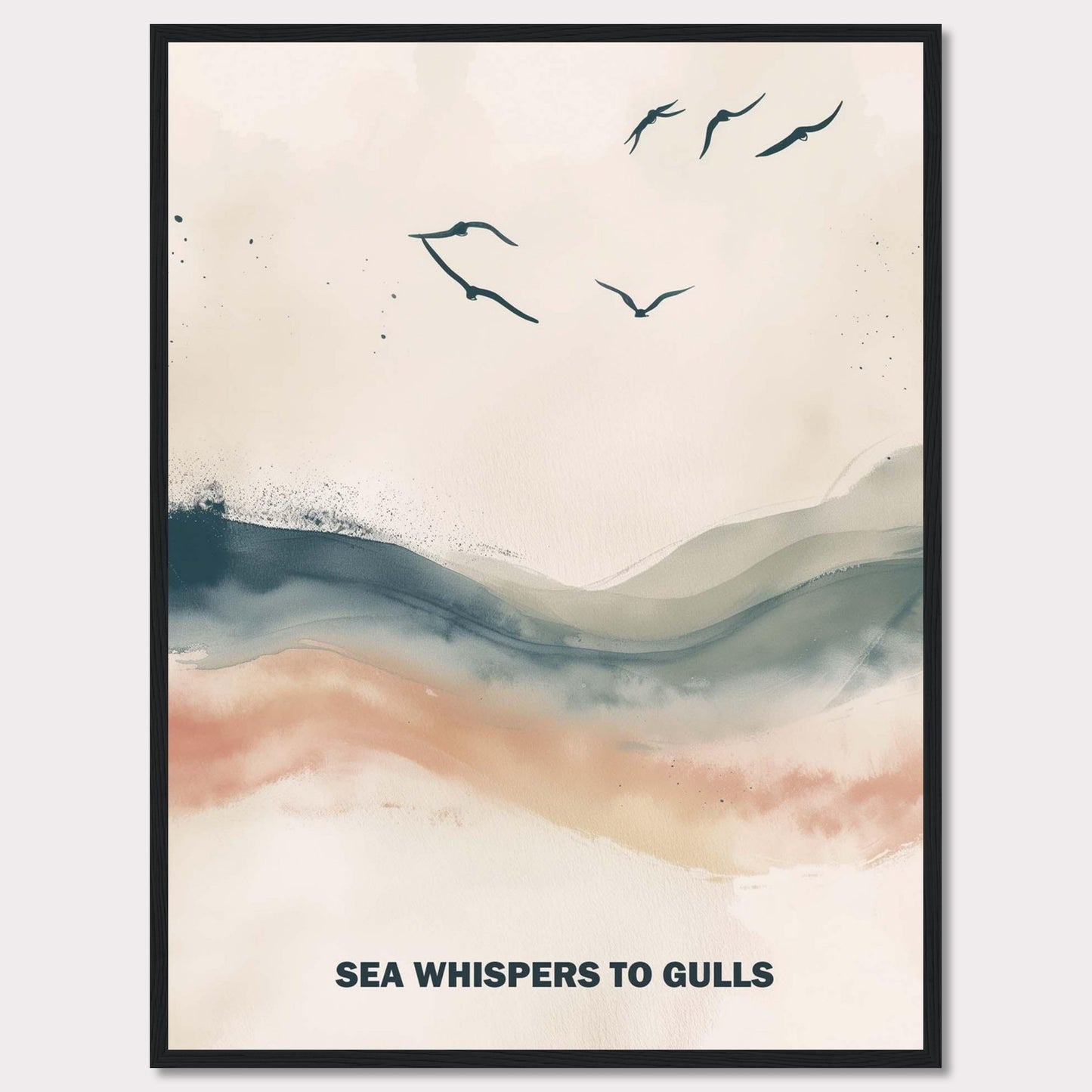 This serene artwork features a minimalist design with gentle waves and flying gulls. The soothing colors create a tranquil atmosphere, perfect for any space needing a touch of calm. The text "SEA WHISPERS TO GULLS" adds a poetic element to the piece.