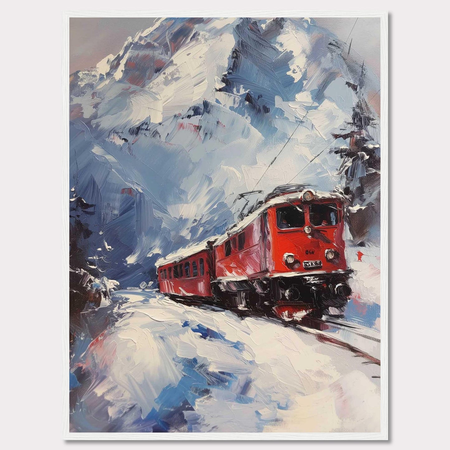 This stunning painting captures a vibrant red train journeying through a snowy mountain landscape. The dynamic brushstrokes convey the movement and energy of the scene, while the towering snow-covered peaks create a breathtaking backdrop.