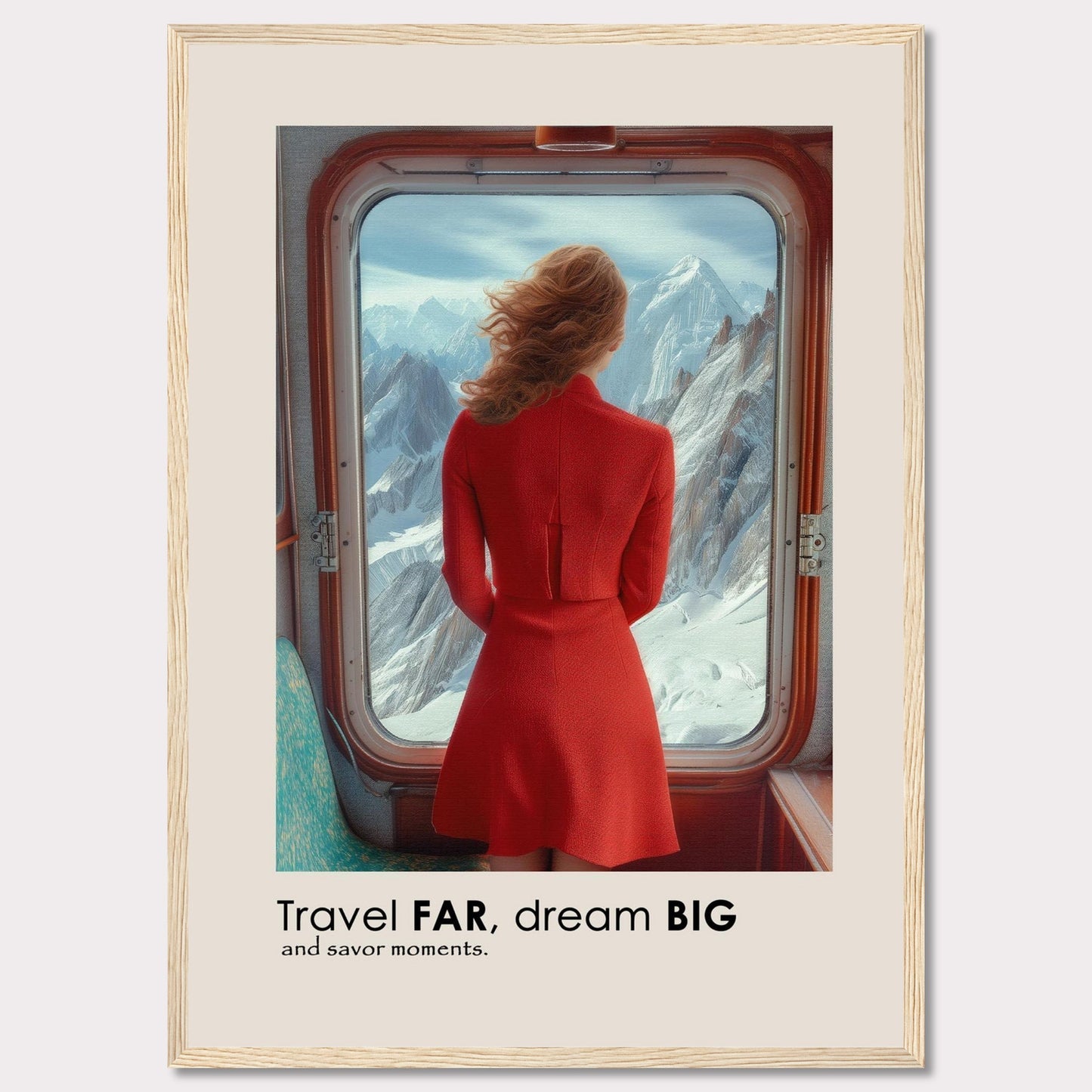 A woman in a red dress gazes out of a train window at majestic snow-covered mountains.