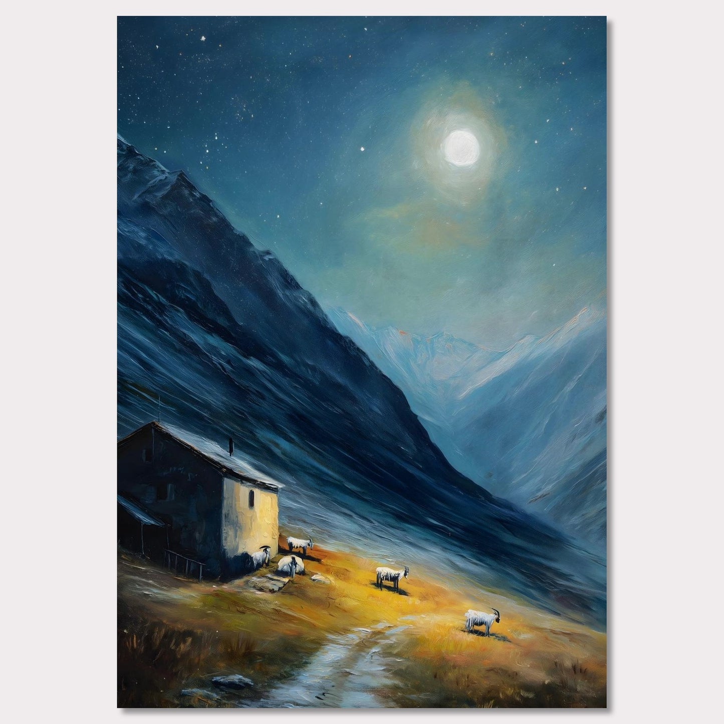Nestled between dramatic cliffs, a single farmhouse glows under a sky heavy with storm and sun. The valley holds its breath — clouds swirl above while the earth remains grounded, golden, and still. This is a refuge at the edge of wildness.