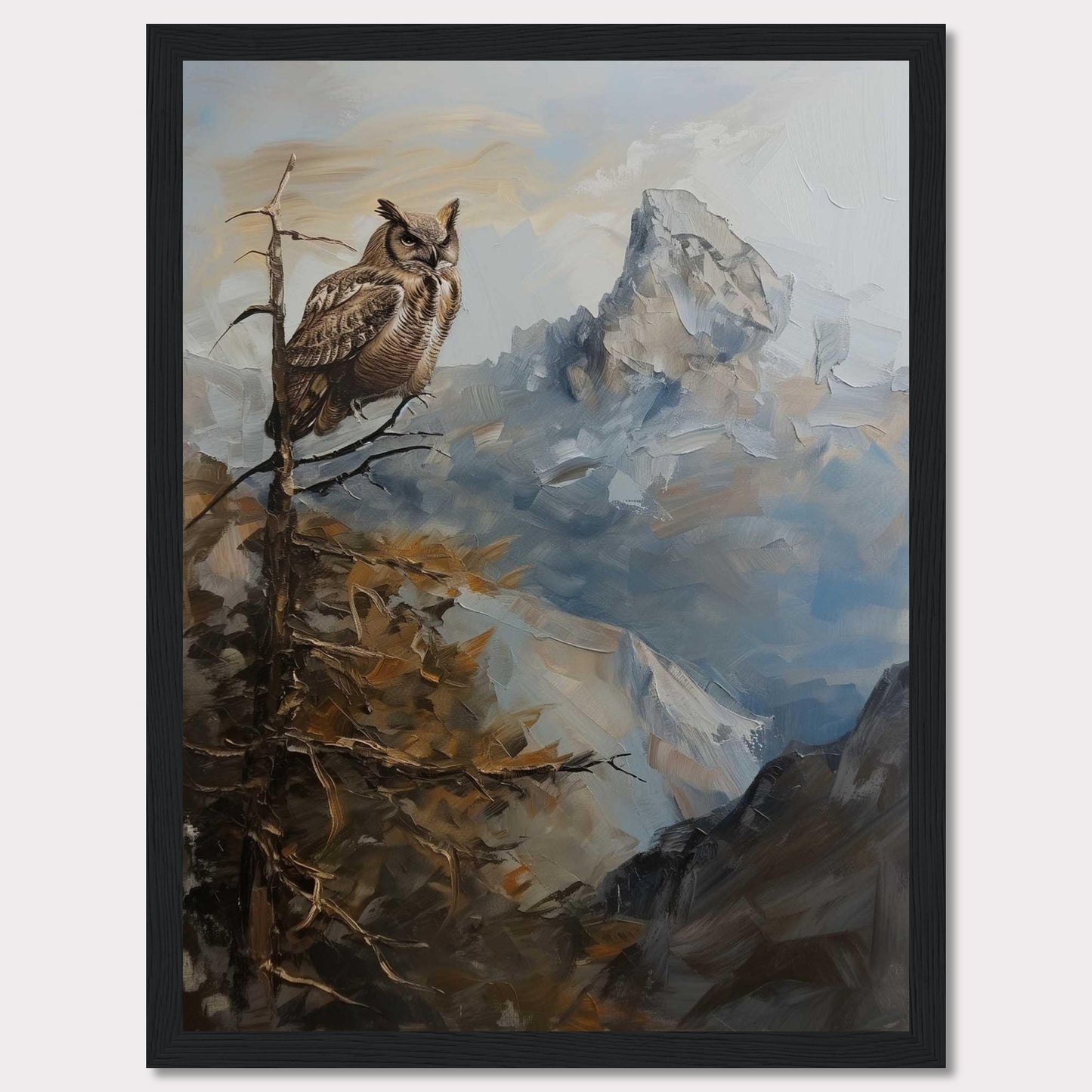 This captivating painting depicts a majestic owl perched on a branch, overlooking a rugged mountain landscape. The scene is rendered in rich, earthy tones and dynamic brushstrokes, capturing the serene yet powerful essence of nature.